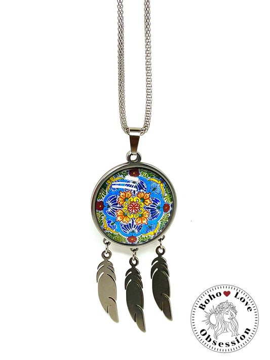 Summer Flower Feather Dreamcatcher Necklace, Boho Mandala Pendant, Unique Bohemian Jewelry, Hippie Retro Long Chain, BohoLoveObsession