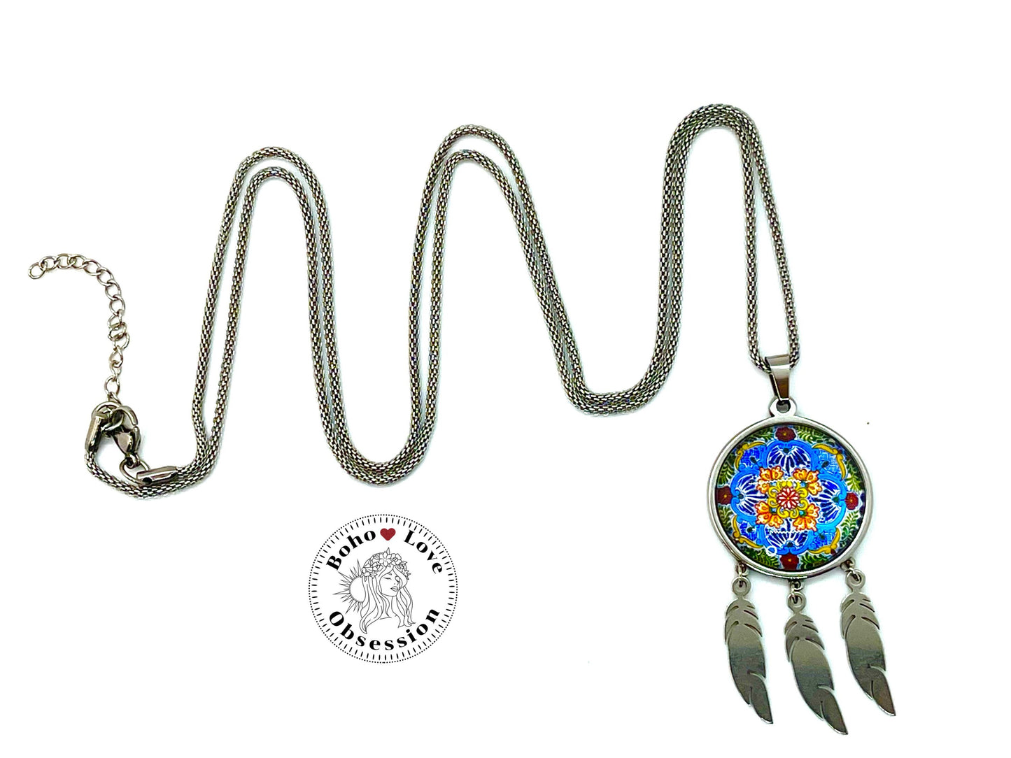 Summer Flower Feather Dreamcatcher Necklace, Boho Mandala Pendant, Unique Bohemian Jewelry, Hippie Retro Long Chain, BohoLoveObsession