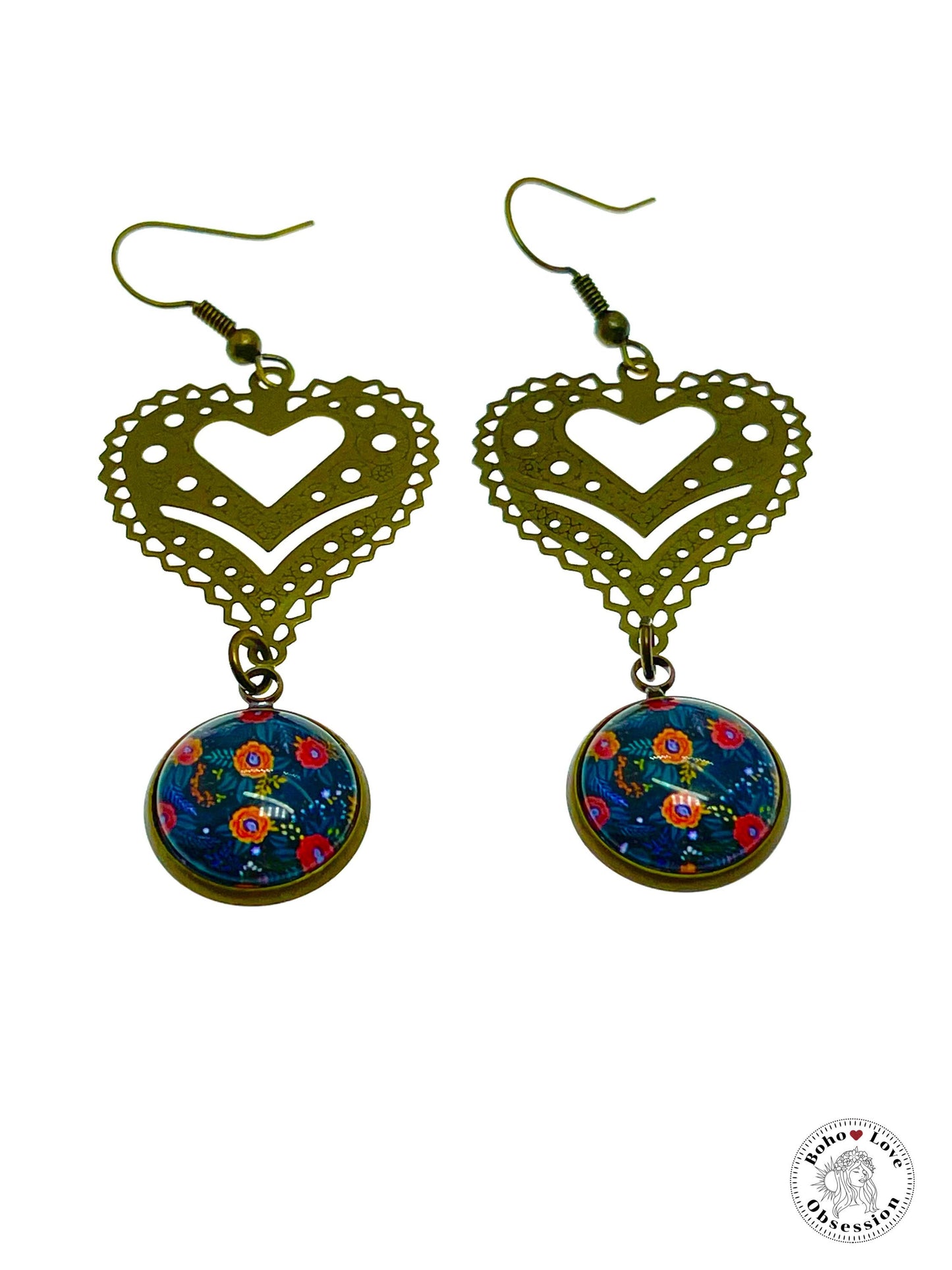 Orange Flame Vine Fancy Heart Dangles, Bronze Bohemian Earrings, Boho Chic, Unique Hippie Jewelry, Vintage Charm Earring, BohoLoveObsession