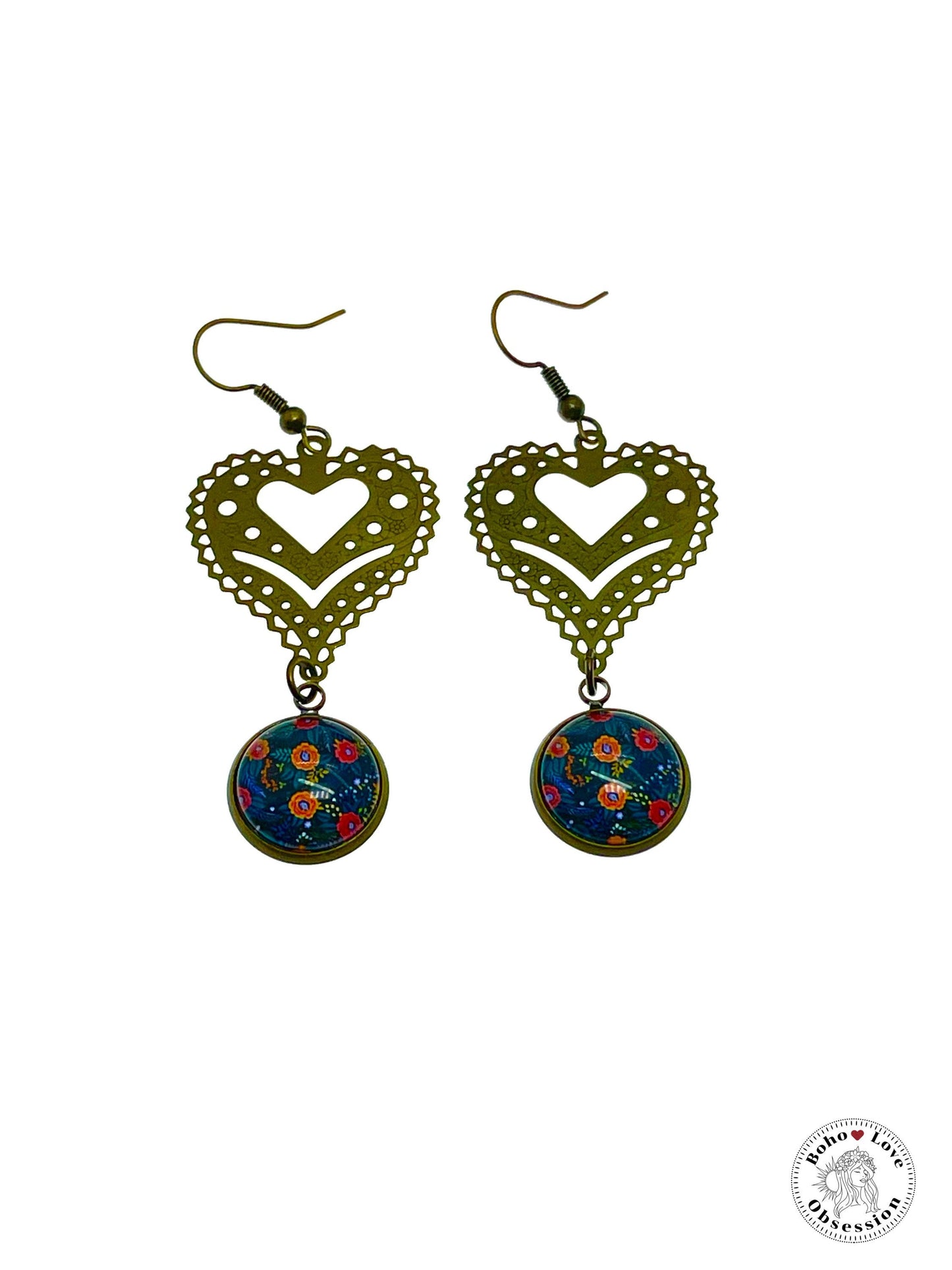 Orange Flame Vine Fancy Heart Dangles, Bronze Bohemian Earrings, Boho Chic, Unique Hippie Jewelry, Vintage Charm Earring, BohoLoveObsession
