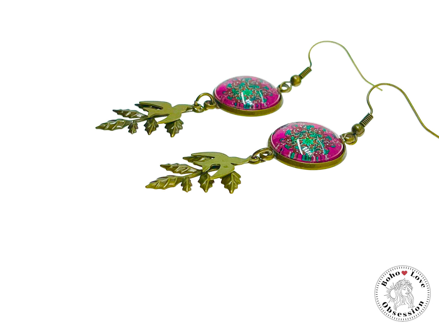 Pink Peace Dove Dangles, Boho Chic Earrings, Bronze Bohemian Ear Wires, Unique Hippie Jewelry, Vintage Charm Earring, BohoLoveObsession