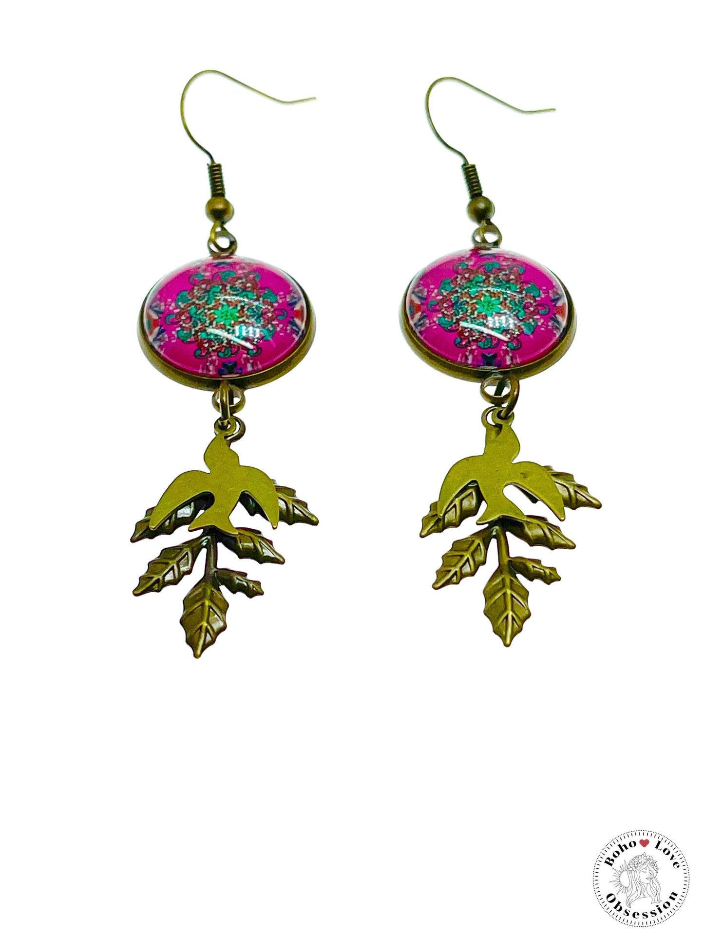 Pink Peace Dove Dangles, Boho Chic Earrings, Bronze Bohemian Ear Wires, Unique Hippie Jewelry, Vintage Charm Earring, BohoLoveObsession