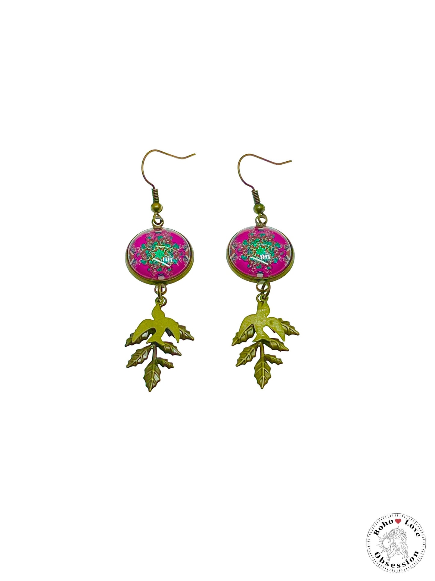 Pink Peace Dove Dangles, Boho Chic Earrings, Bronze Bohemian Ear Wires, Unique Hippie Jewelry, Vintage Charm Earring, BohoLoveObsession
