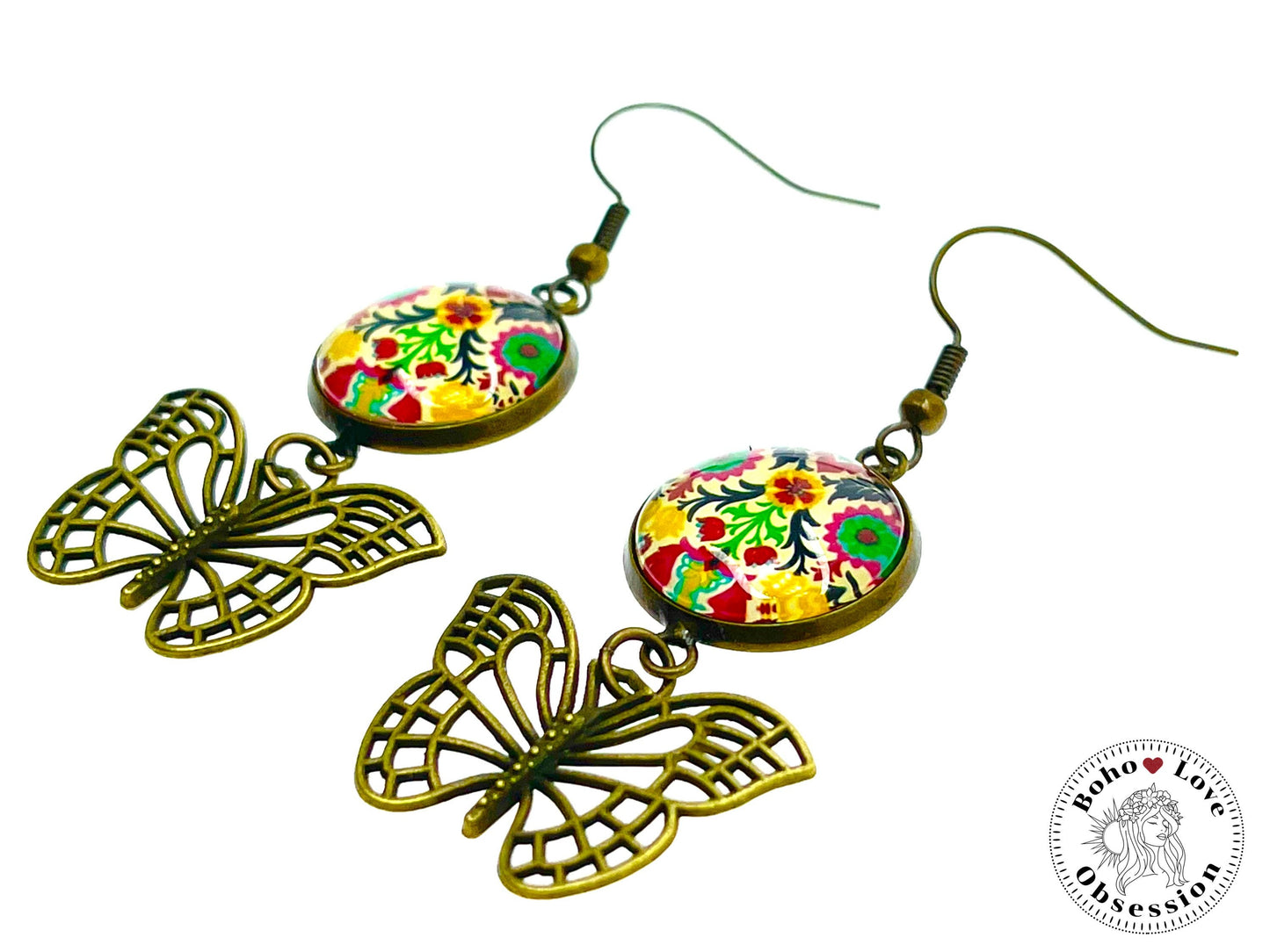 Folk Flower Butterfly Dangles, Unique Bronze Bohemian Jewelry, Vintage Charm Ear Wire, Boho Hippie Drop Dangle Accessory, BohoLoveObsession