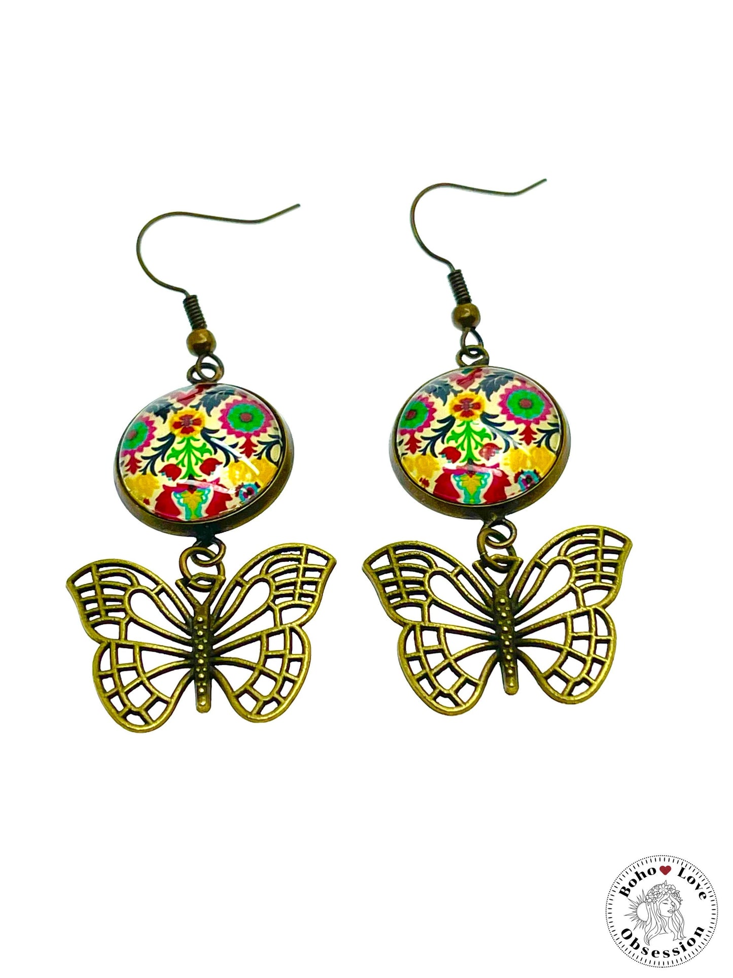 Folk Flower Butterfly Dangles, Unique Bronze Bohemian Jewelry, Vintage Charm Ear Wire, Boho Hippie Drop Dangle Accessory, BohoLoveObsession