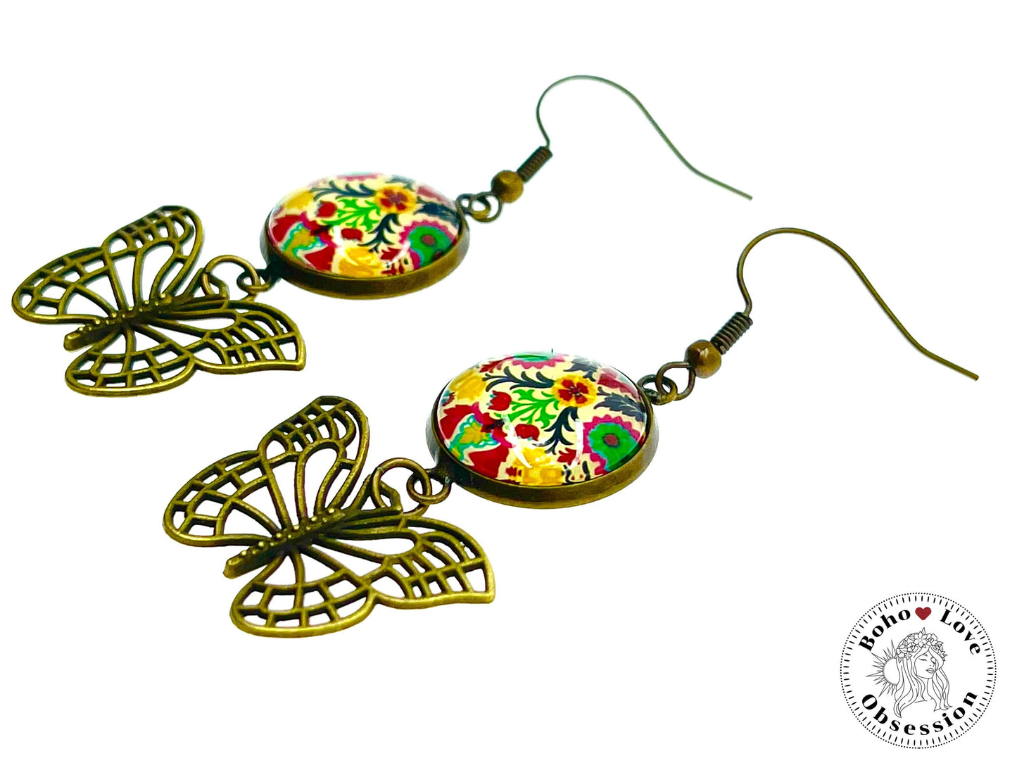 Folk Flower Butterfly Dangles, Unique Bronze Bohemian Jewelry, Vintage Charm Ear Wire, Boho Hippie Drop Dangle Accessory, BohoLoveObsession