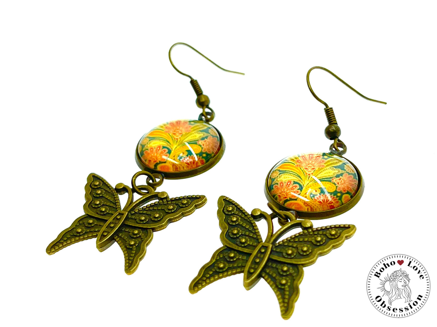 Pretty Paisley Butterfly Dangles, Unique Bohemian Jewelry, Vintage Charm Ear Wire, Boho Hippie Drop Dangle Accessory, BohoLoveObsession