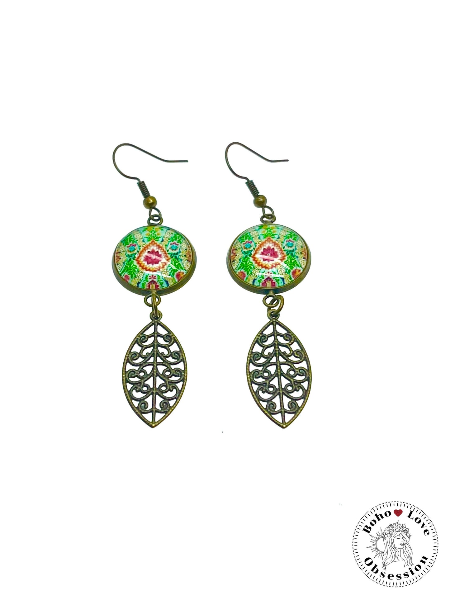 Pistachio Mandala Dangles, Unique Antique Bohemian Jewelry, Vintage Charm Ear Wire, Boho Hippie Drop Dangle Accessory, BohoLoveObsession