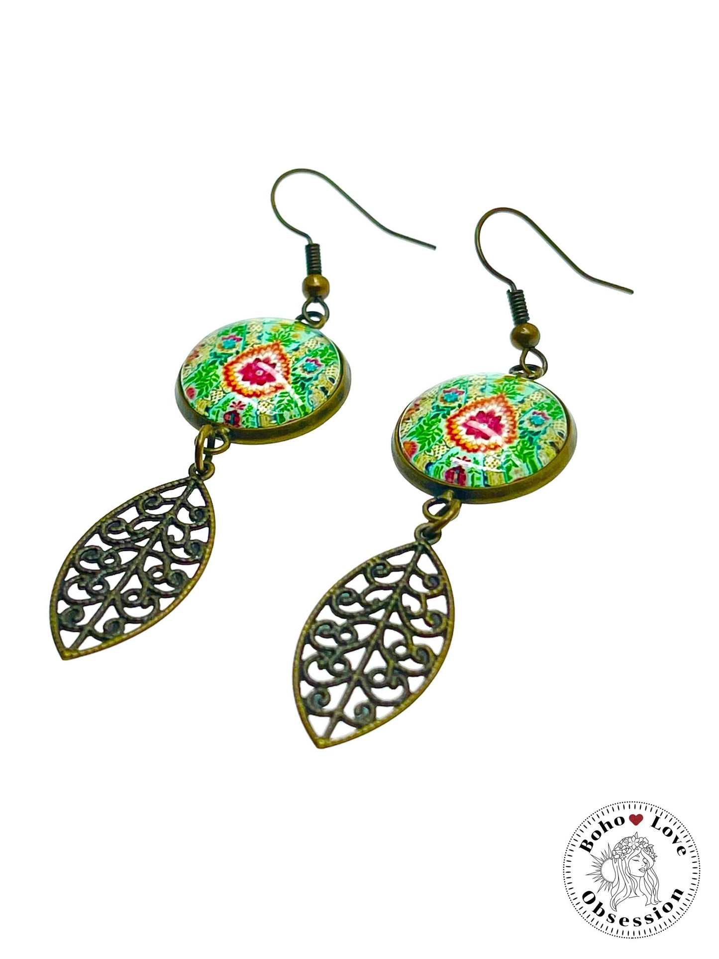 Pistachio Mandala Dangles, Unique Antique Bohemian Jewelry, Vintage Charm Ear Wire, Boho Hippie Drop Dangle Accessory, BohoLoveObsession