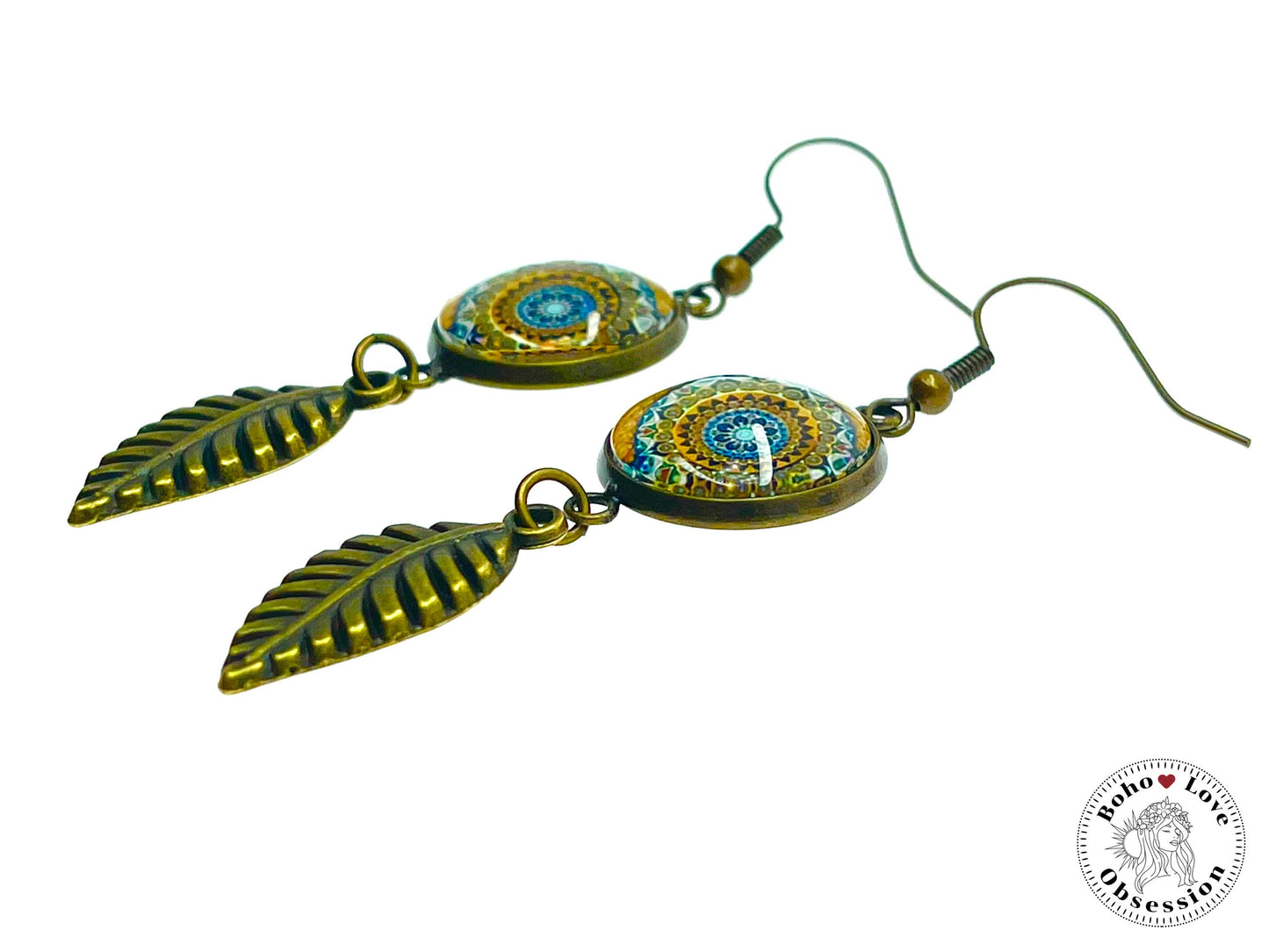 Sunshine Mandala Feather Dangles, Unique Antique Bohemian Jewelry, Vintage Charm, Boho Hippie Drop Dangle Accessory, BohoLoveObsession