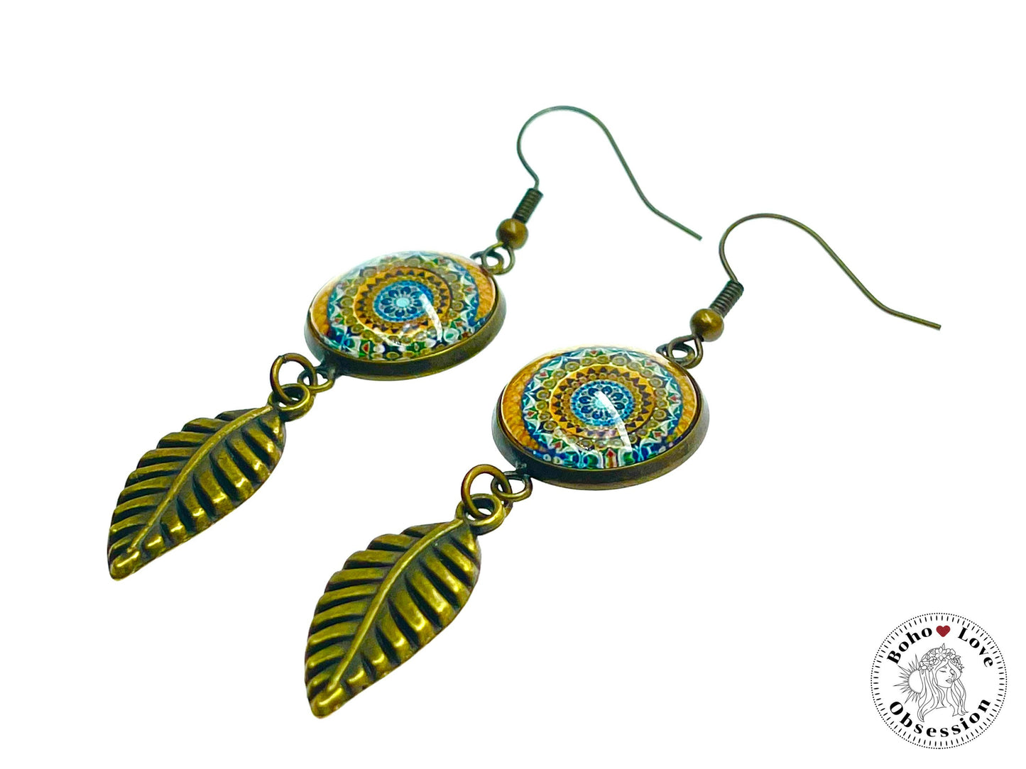 Sunshine Mandala Feather Dangles, Unique Antique Bohemian Jewelry, Vintage Charm, Boho Hippie Drop Dangle Accessory, BohoLoveObsession