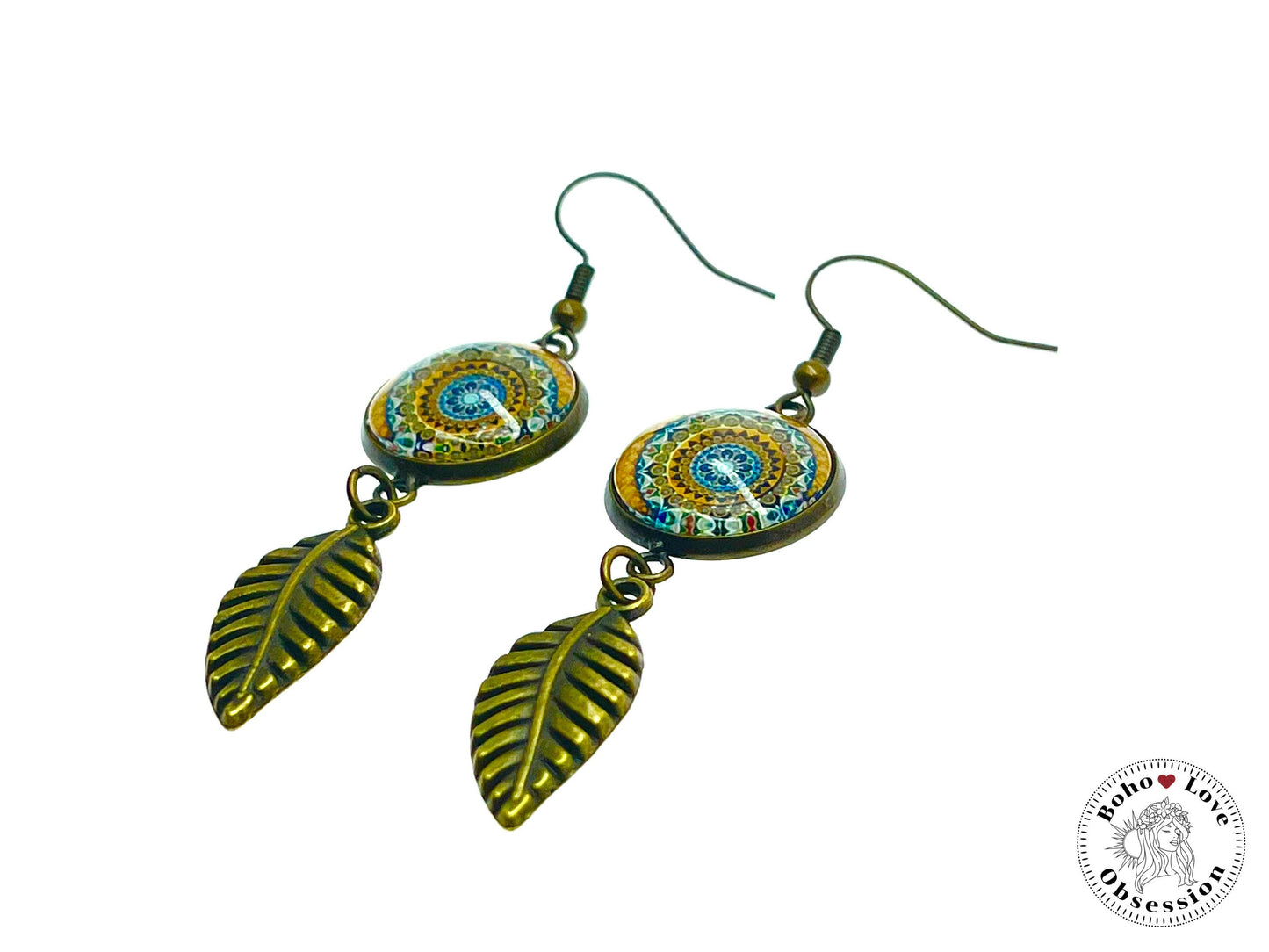 Sunshine Mandala Feather Dangles, Unique Antique Bohemian Jewelry, Vintage Charm, Boho Hippie Drop Dangle Accessory, BohoLoveObsession