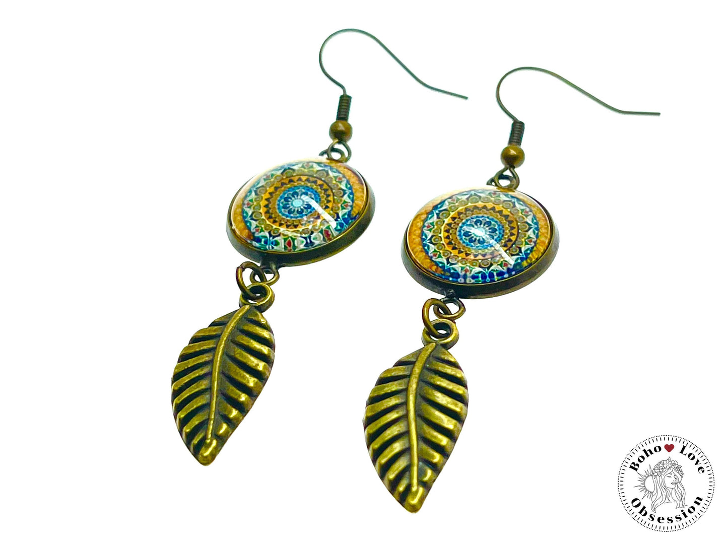 Sunshine Mandala Feather Dangles, Unique Antique Bohemian Jewelry, Vintage Charm, Boho Hippie Drop Dangle Accessory, BohoLoveObsession