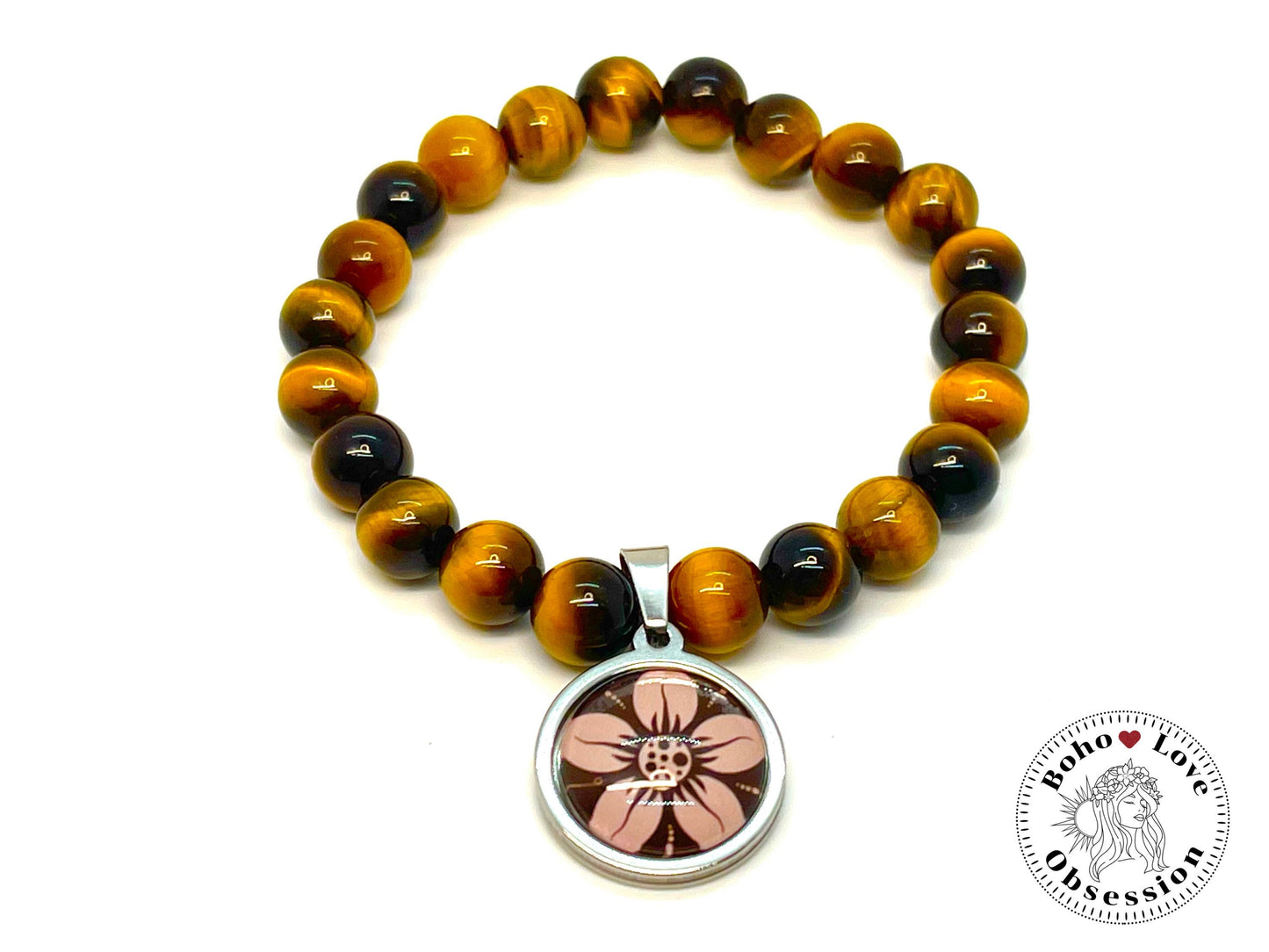 Yellow Tigers Eye Charm Bracelet, Daisy Flower Charm Bracelet, Bohemian Beaded Bracelet, Natural Healing Stone Wristband, BohoLoveObsession
