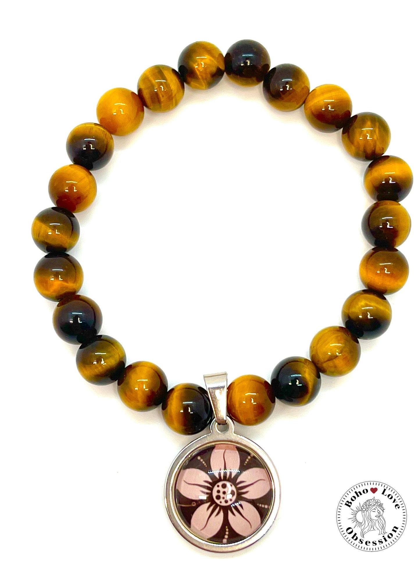 Yellow Tigers Eye Charm Bracelet, Daisy Flower Charm Bracelet, Bohemian Beaded Bracelet, Natural Healing Stone Wristband, BohoLoveObsession
