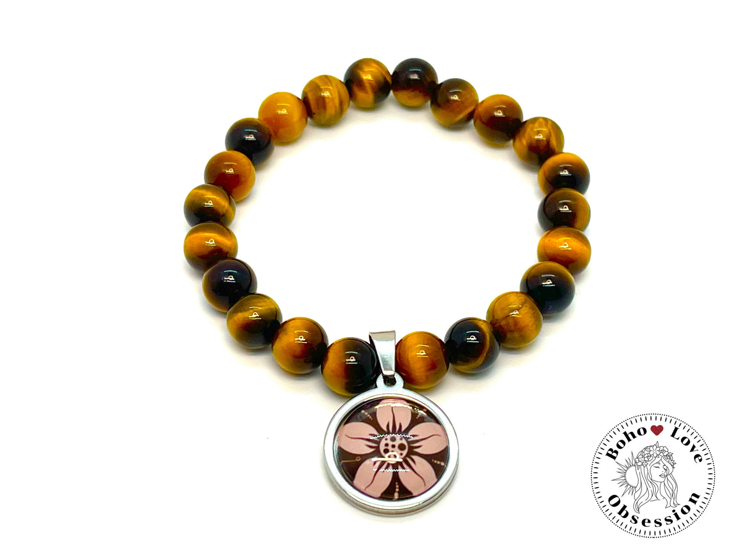 Yellow Tigers Eye Charm Bracelet, Daisy Flower Charm Bracelet, Bohemian Beaded Bracelet, Natural Healing Stone Wristband, BohoLoveObsession