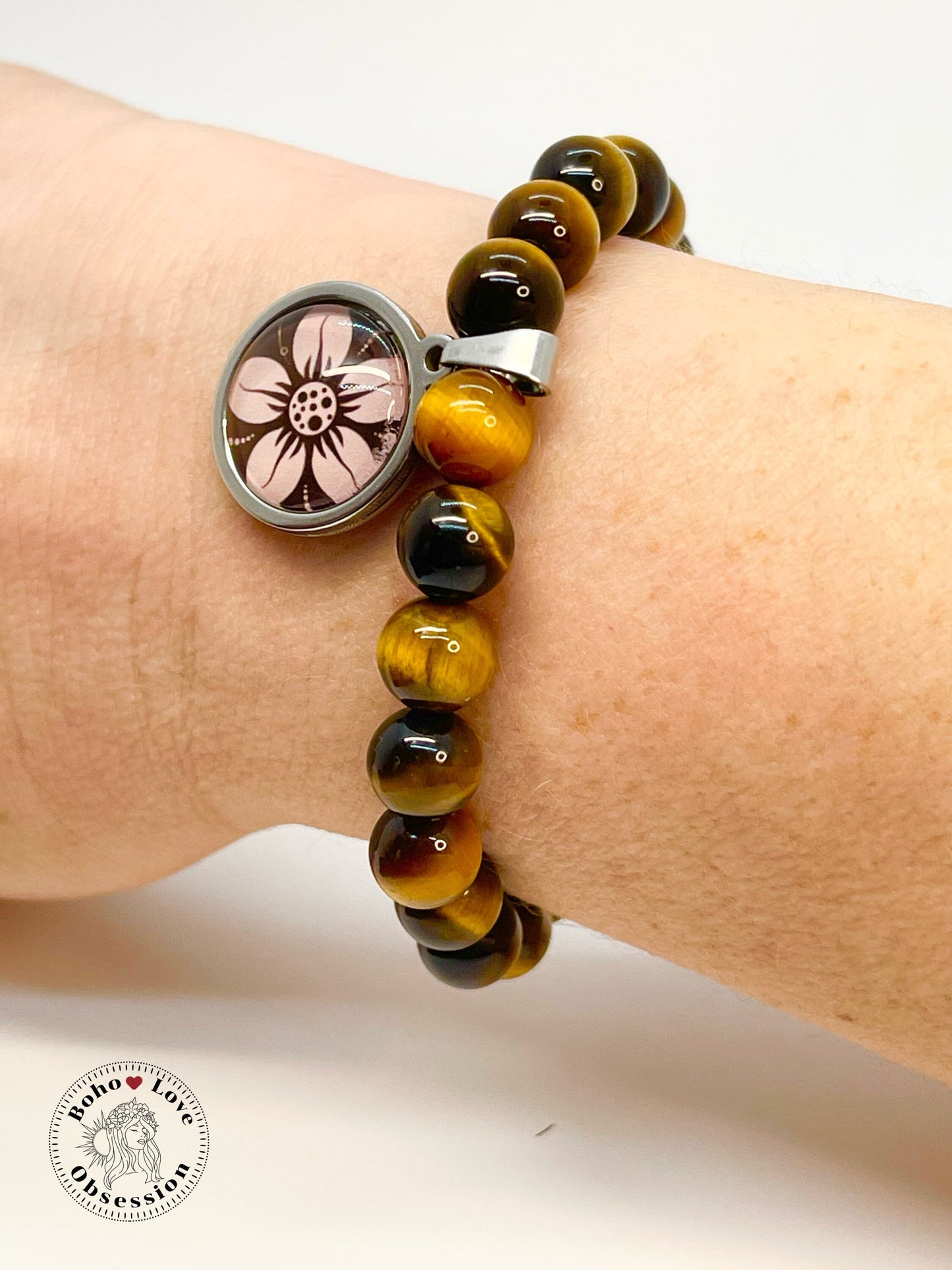 Yellow Tigers Eye Charm Bracelet, Daisy Flower Charm Bracelet, Bohemian Beaded Bracelet, Natural Healing Stone Wristband, BohoLoveObsession