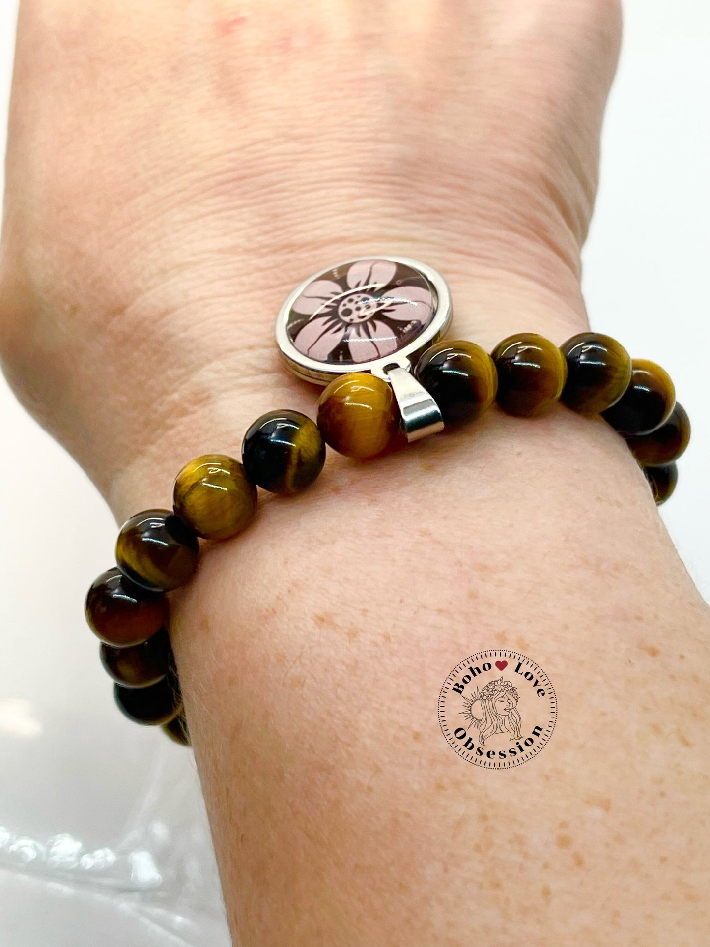 Yellow Tigers Eye Charm Bracelet, Daisy Flower Charm Bracelet, Bohemian Beaded Bracelet, Natural Healing Stone Wristband, BohoLoveObsession