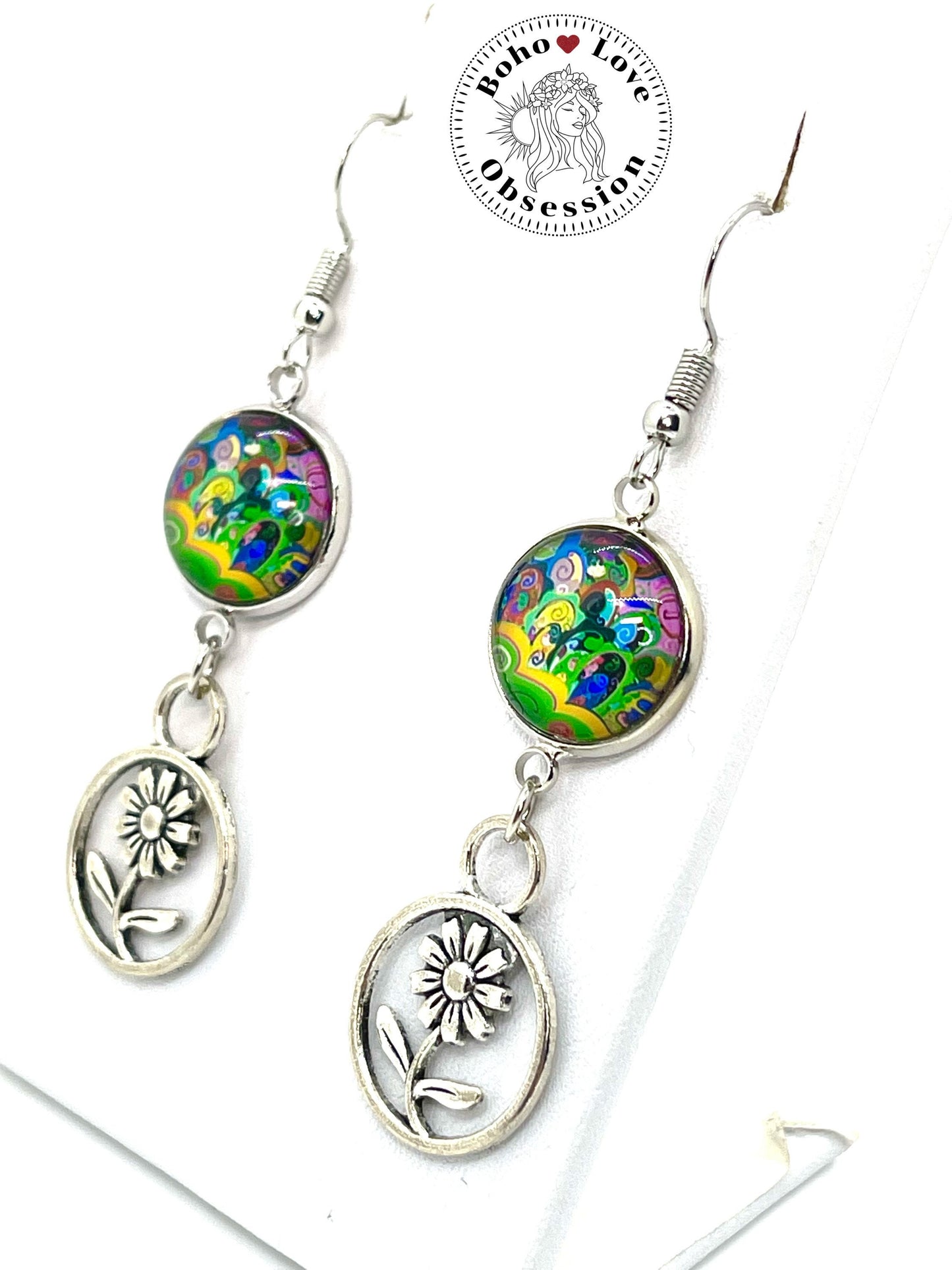 Lime Tie-dye Daisy Dangles, Boho Chic Earrings, Bohemian Flower Earrings, Unique Hippie Jewelry, Gift for Her, BohoLoveObsession