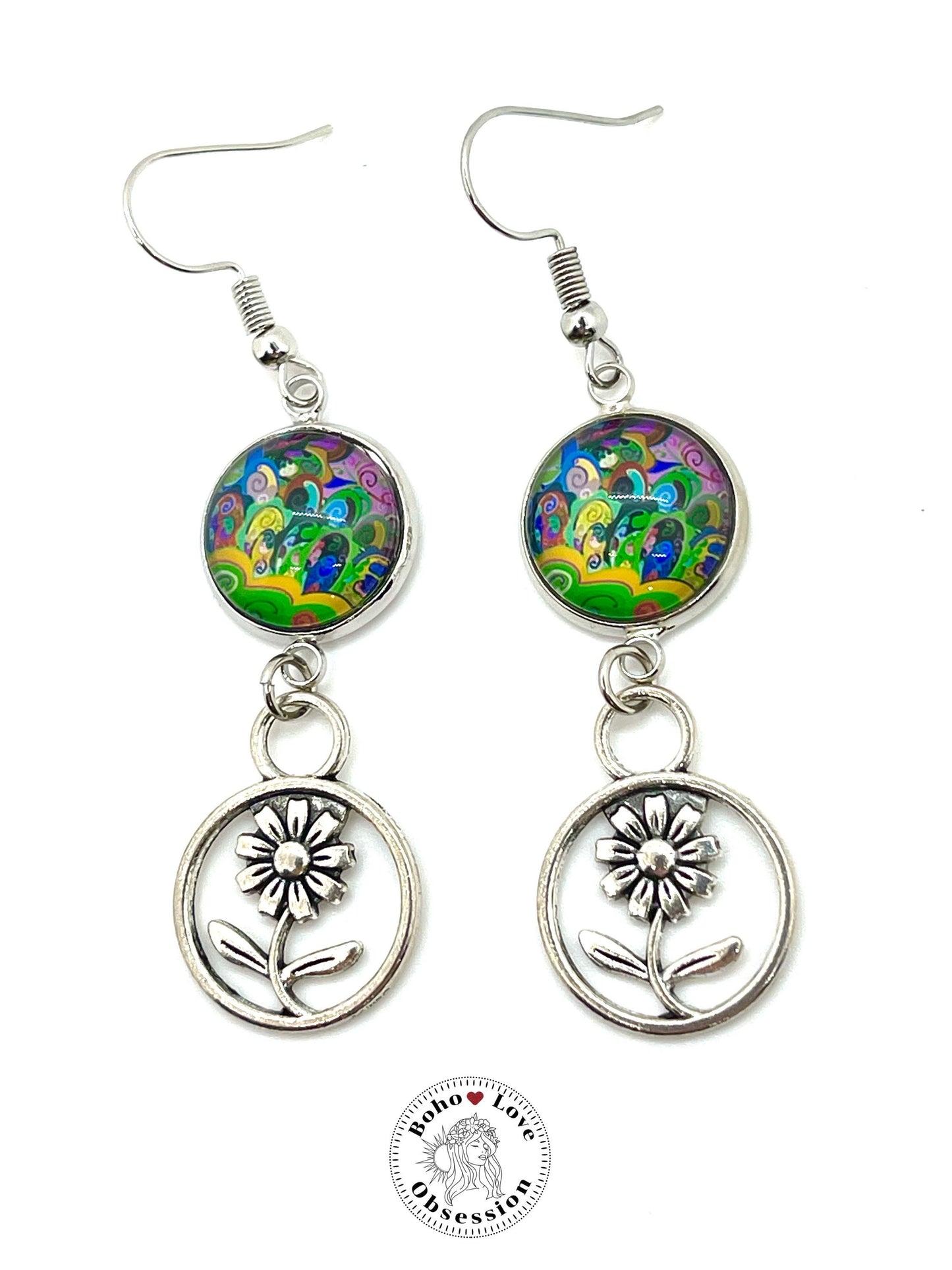 Lime Tie-dye Daisy Dangles, Boho Chic Earrings, Bohemian Flower Earrings, Unique Hippie Jewelry, Gift for Her, BohoLoveObsession