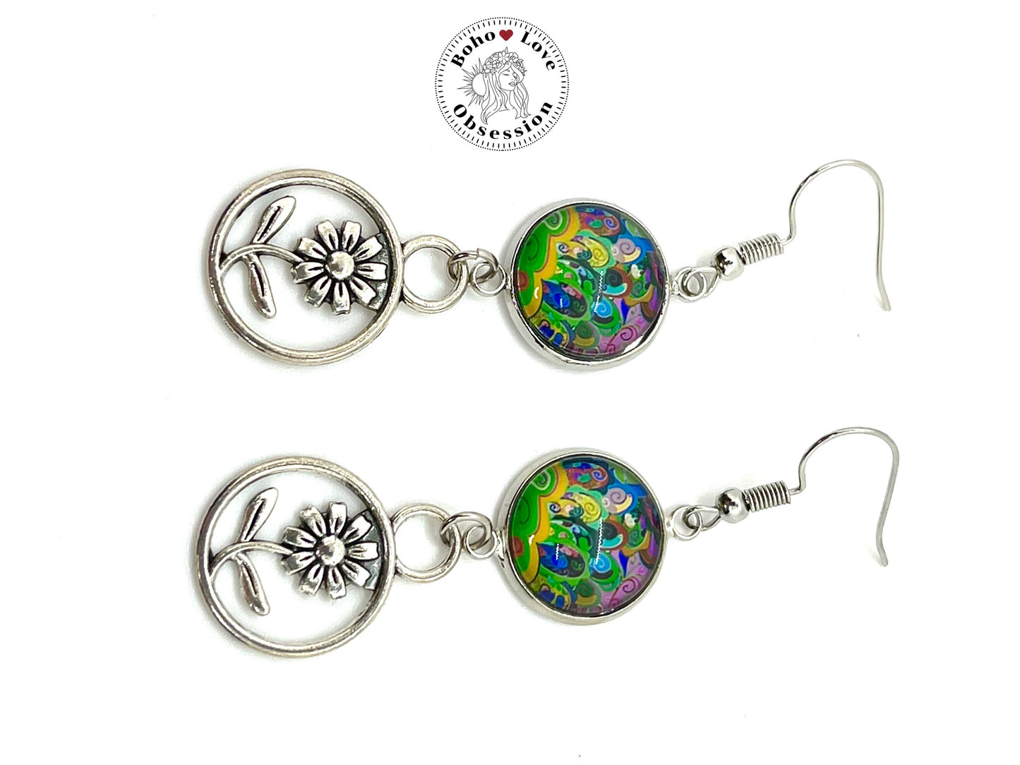 Lime Tie-dye Daisy Dangles, Boho Chic Earrings, Bohemian Flower Earrings, Unique Hippie Jewelry, Gift for Her, BohoLoveObsession