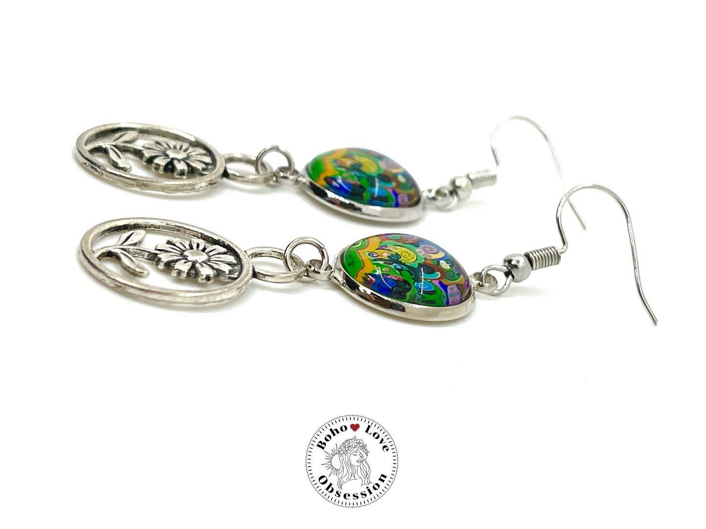 Lime Tie-dye Daisy Dangles, Boho Chic Earrings, Bohemian Flower Earrings, Unique Hippie Jewelry, Gift for Her, BohoLoveObsession