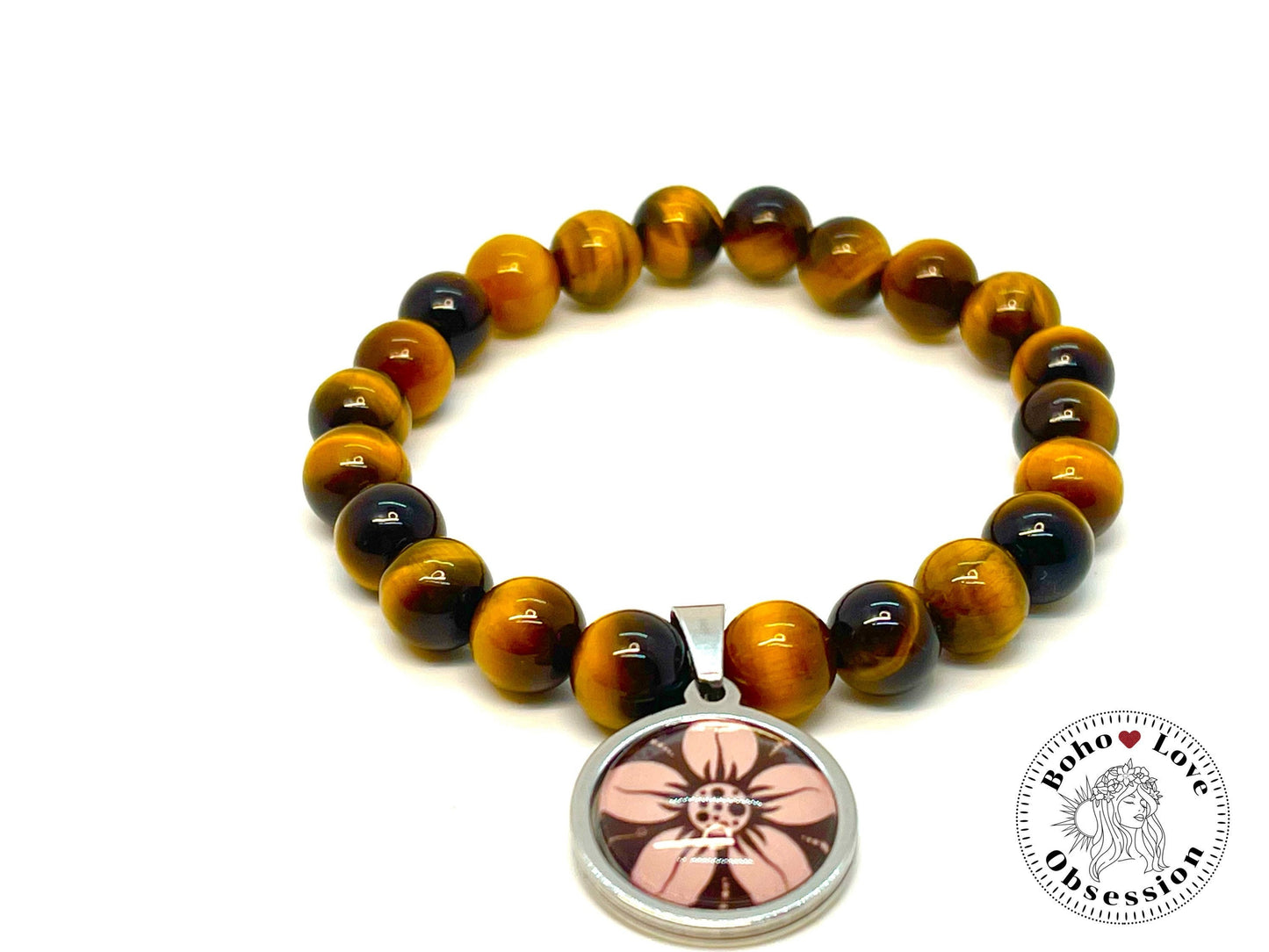 Yellow Tigers Eye Charm Bracelet, Daisy Flower Charm Bracelet, Bohemian Beaded Bracelet, Natural Healing Stone Wristband, BohoLoveObsession