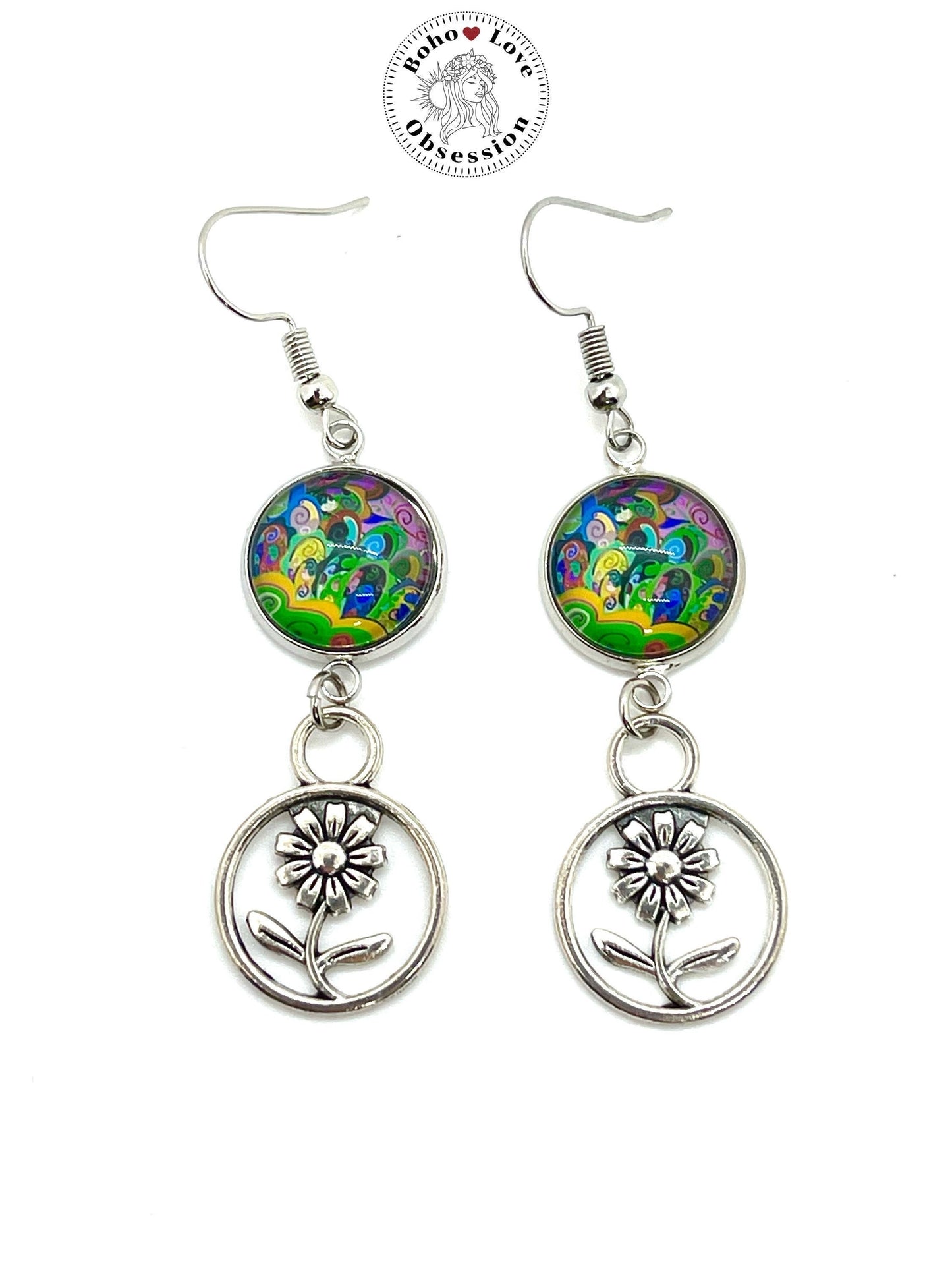 Lime Tie-dye Daisy Dangles, Boho Chic Earrings, Bohemian Flower Earrings, Unique Hippie Jewelry, Gift for Her, BohoLoveObsession
