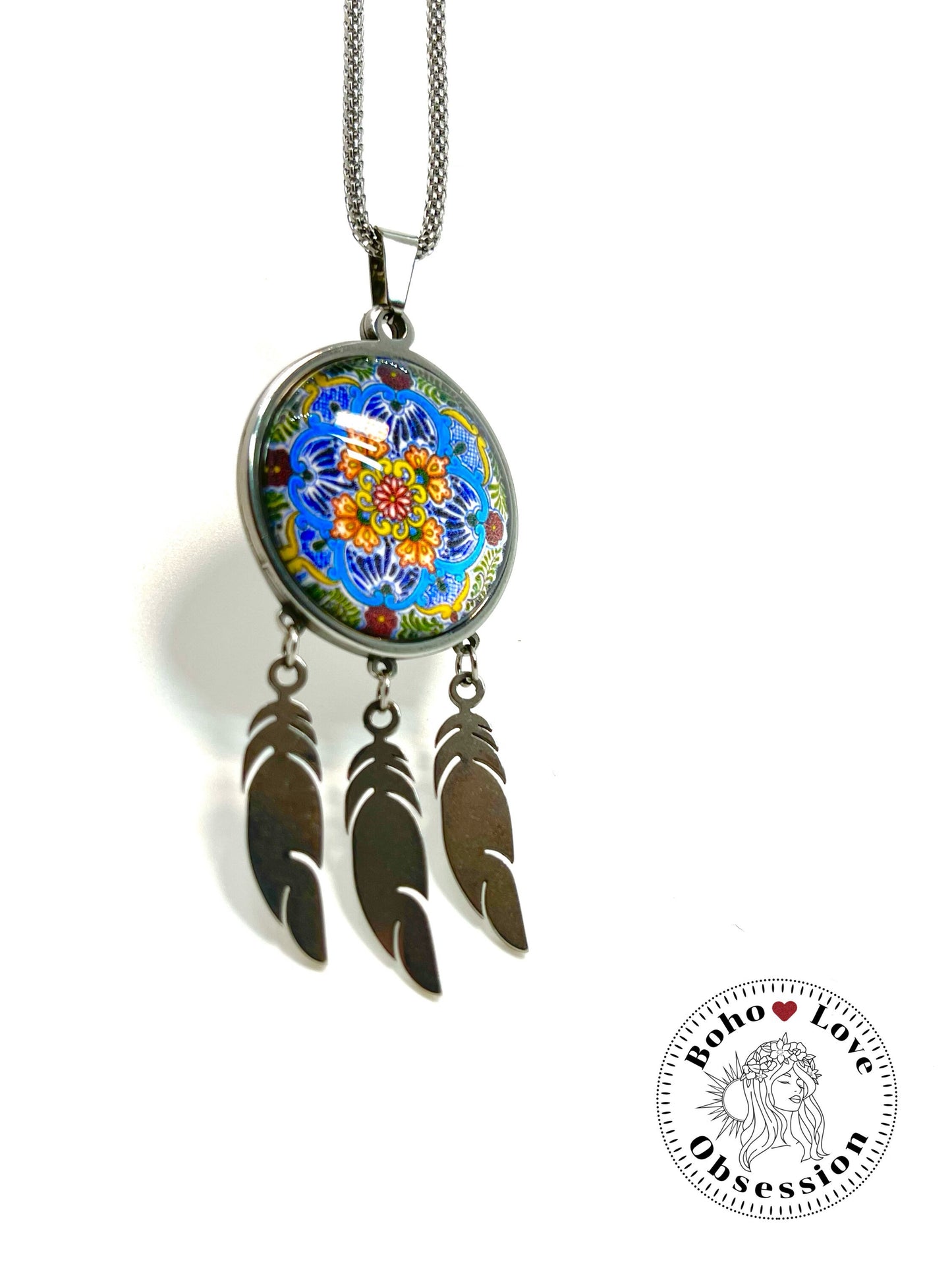 Summer Flower Feather Dreamcatcher Necklace, Boho Mandala Pendant, Unique Bohemian Jewelry, Hippie Retro Long Chain, BohoLoveObsession