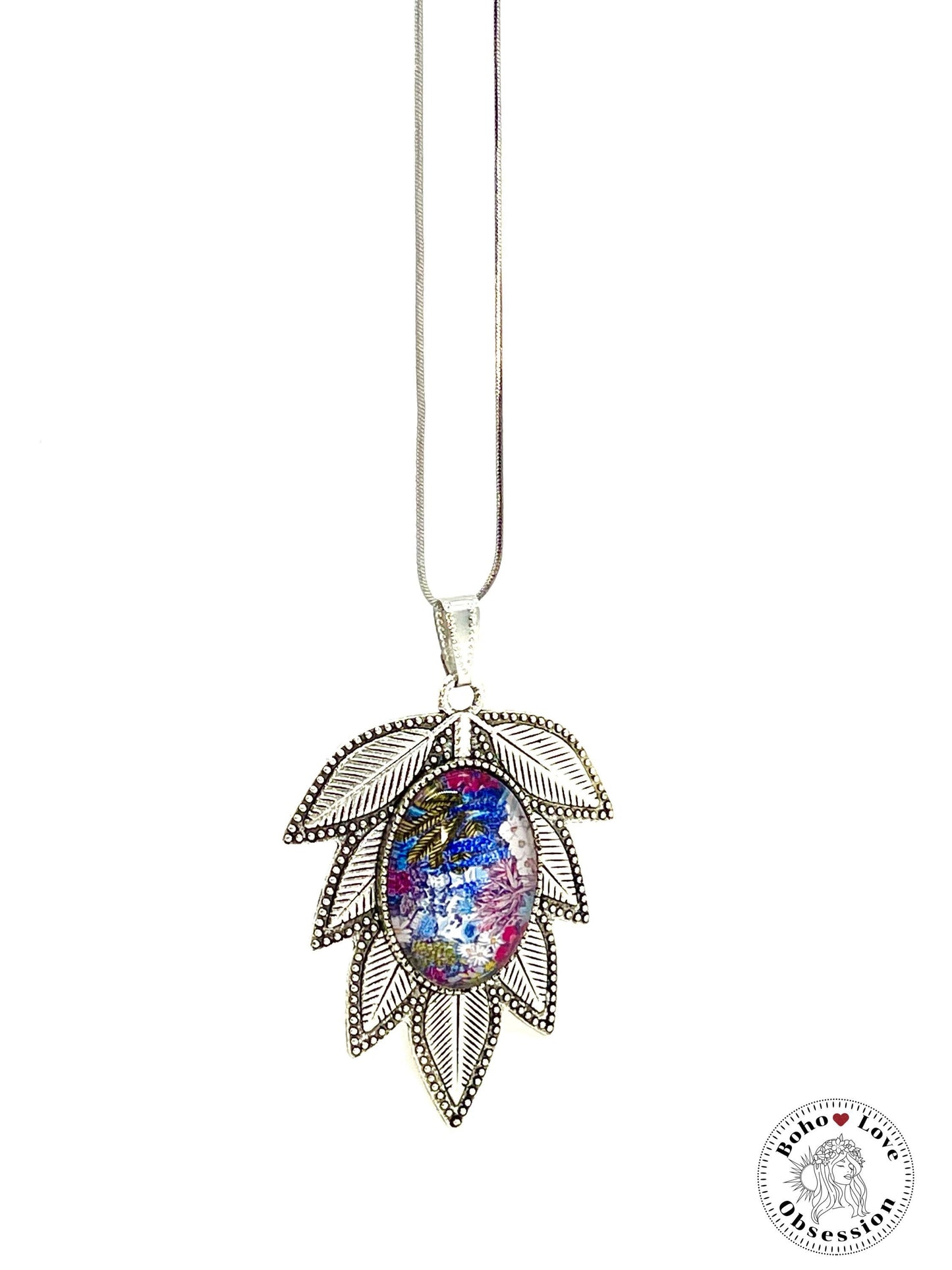 Leafy Confetti Flower Necklace, Boho Vintage Pendant, Unique Bohemian Necklace, Gift for her, Hippie Retro Chain, BohoLoveObsession
