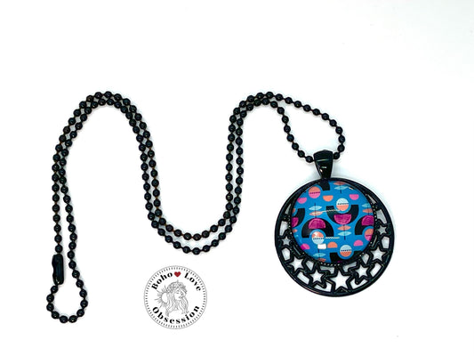 Blue & Pink Boho Flower Star Necklace |Ball Chain| Black Star Pendant | Photo Glass Cabochon Necklace|Womens Jewelry| BohoLoveObsession