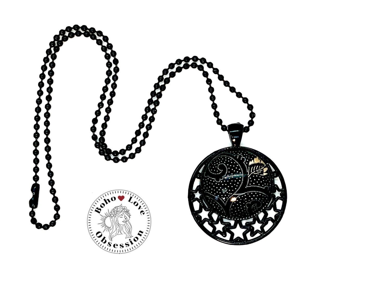 Black Paisley & White Polka Dot Star Necklace |Ball Chain| Star Pendant | Photo Glass Cabochon Necklace|Womens Jewelry| BohoLoveObsession