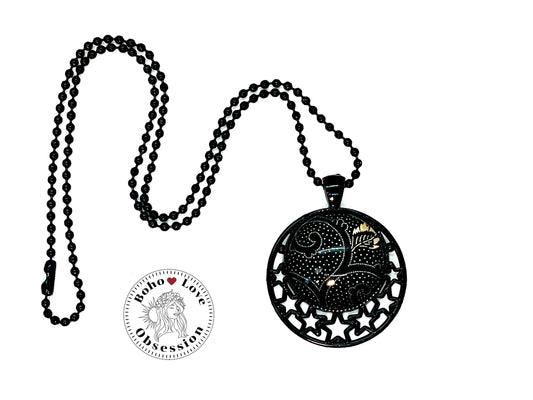 Black Paisley & White Polka Dot Star Necklace |Ball Chain| Star Pendant | Photo Glass Cabochon Necklace|Womens Jewelry| BohoLoveObsession