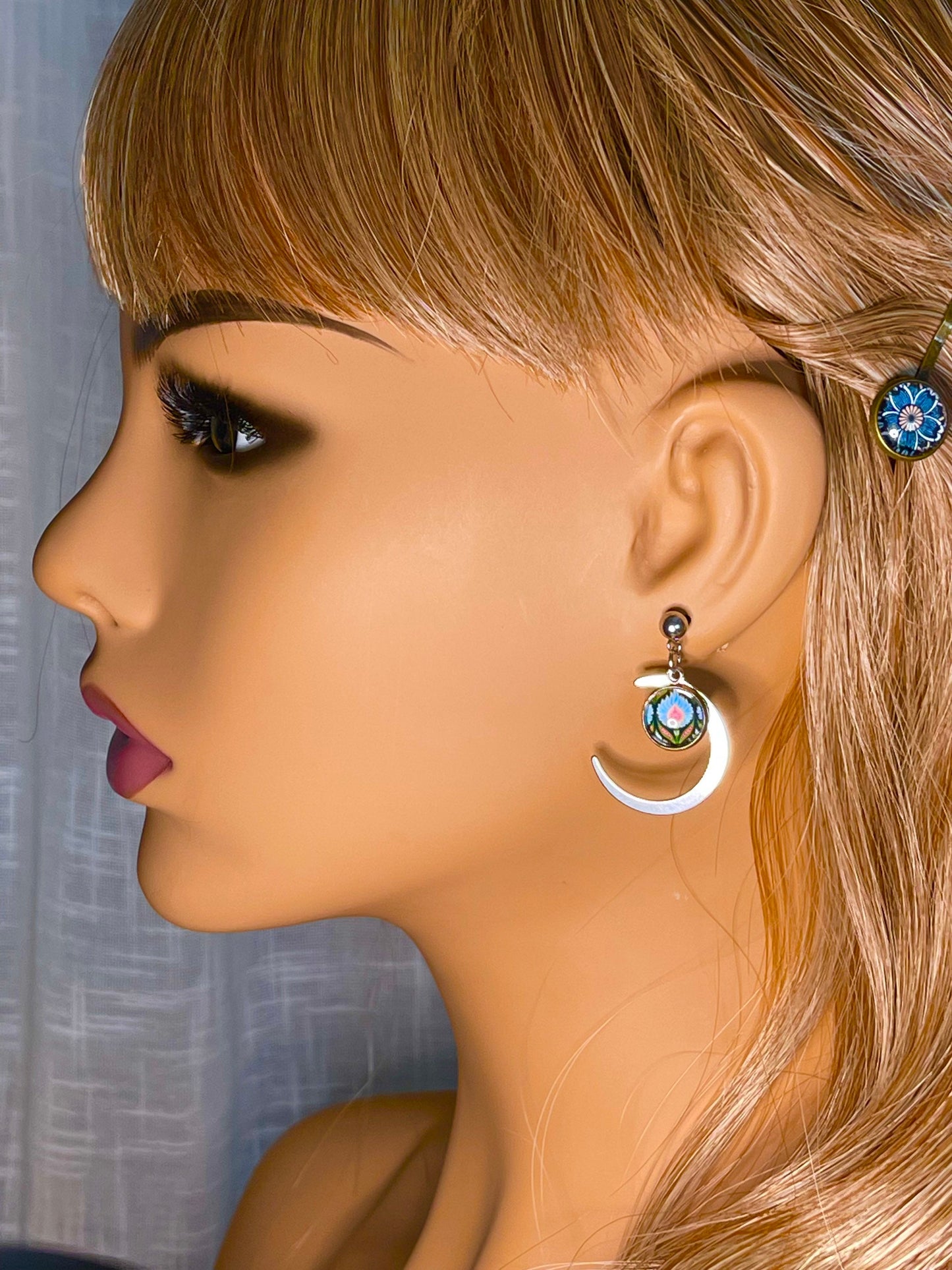 Blue Fuzzy Flower Crescent Moon Dangles, Boho Chic Earrings, Bohemian Celestial Earrings, Unique Hippie Jewelry, BohoLoveObsession
