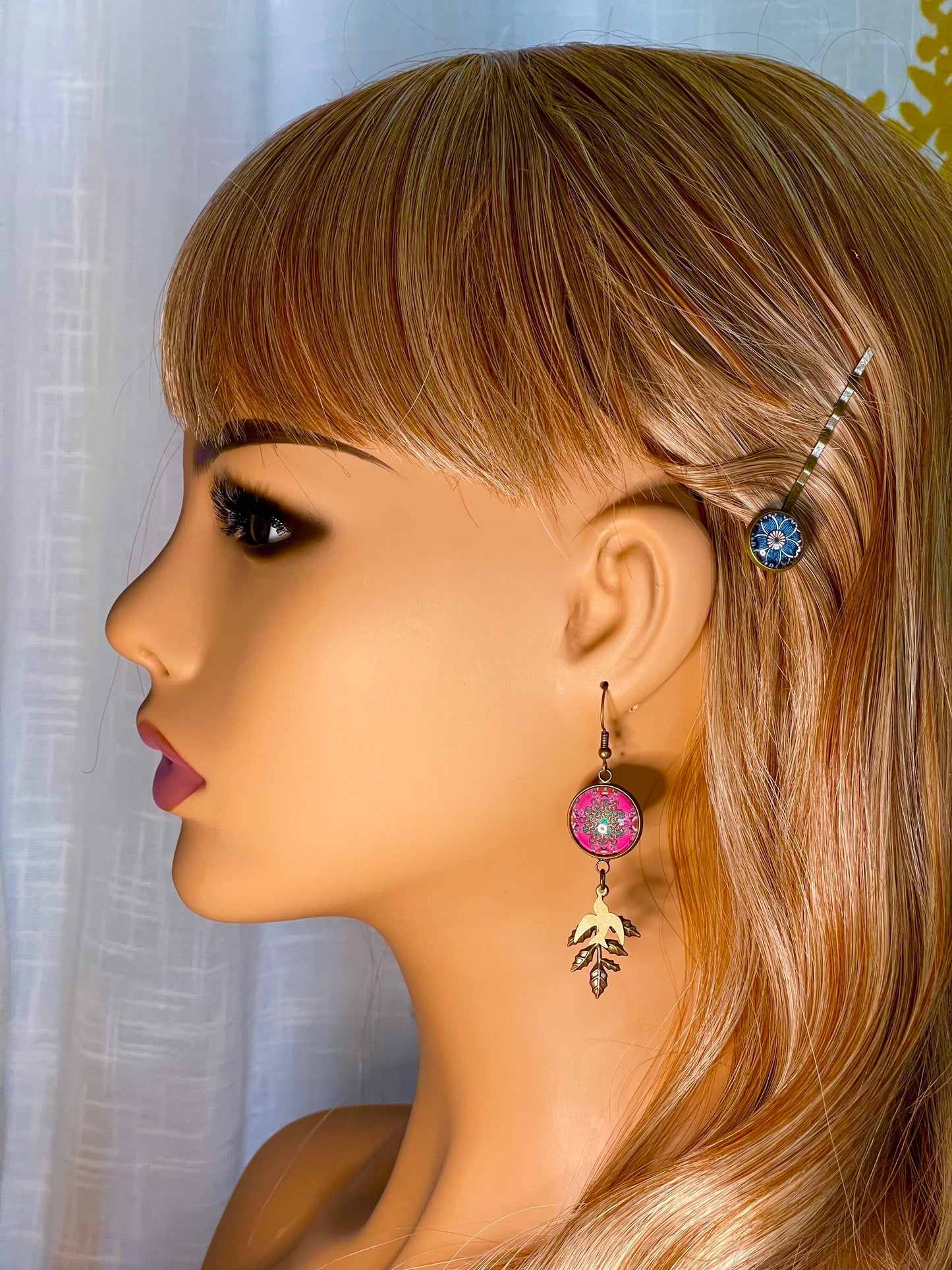 Pink Peace Dove Dangles, Boho Chic Earrings, Bronze Bohemian Ear Wires, Unique Hippie Jewelry, Vintage Charm Earring, BohoLoveObsession