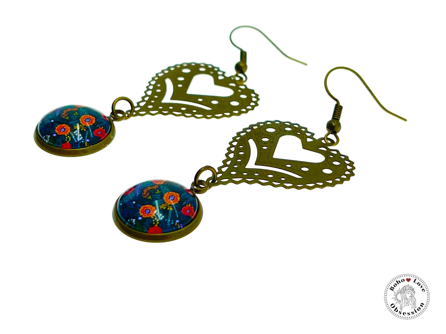 Orange Flame Vine Fancy Heart Dangles, Bronze Bohemian Earrings, Boho Chic, Unique Hippie Jewelry, Vintage Charm Earring, BohoLoveObsession