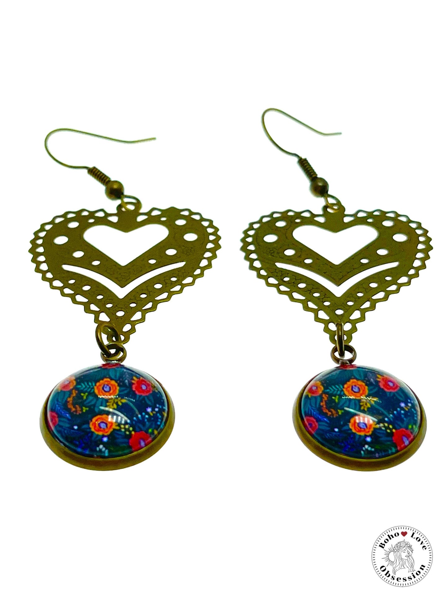 Orange Flame Vine Fancy Heart Dangles, Bronze Bohemian Earrings, Boho Chic, Unique Hippie Jewelry, Vintage Charm Earring, BohoLoveObsession