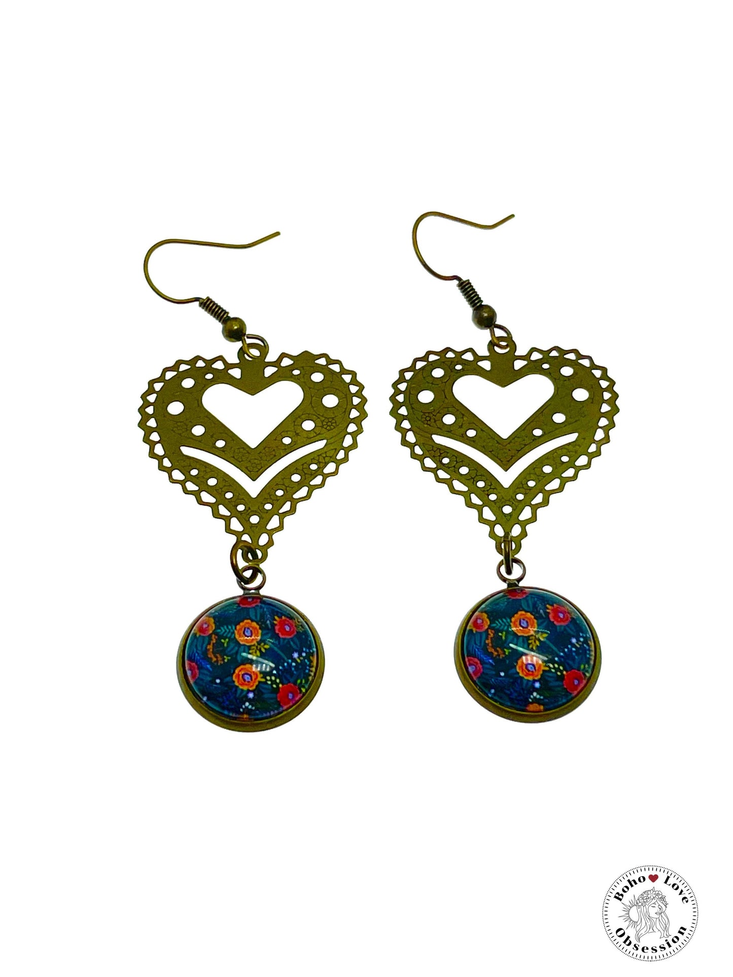 Orange Flame Vine Fancy Heart Dangles, Bronze Bohemian Earrings, Boho Chic, Unique Hippie Jewelry, Vintage Charm Earring, BohoLoveObsession