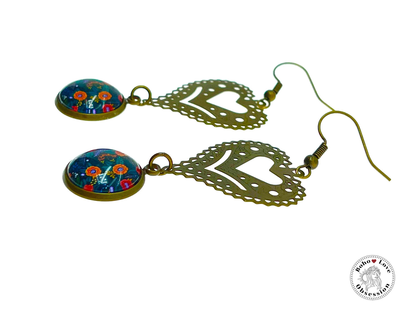 Orange Flame Vine Fancy Heart Dangles, Bronze Bohemian Earrings, Boho Chic, Unique Hippie Jewelry, Vintage Charm Earring, BohoLoveObsession