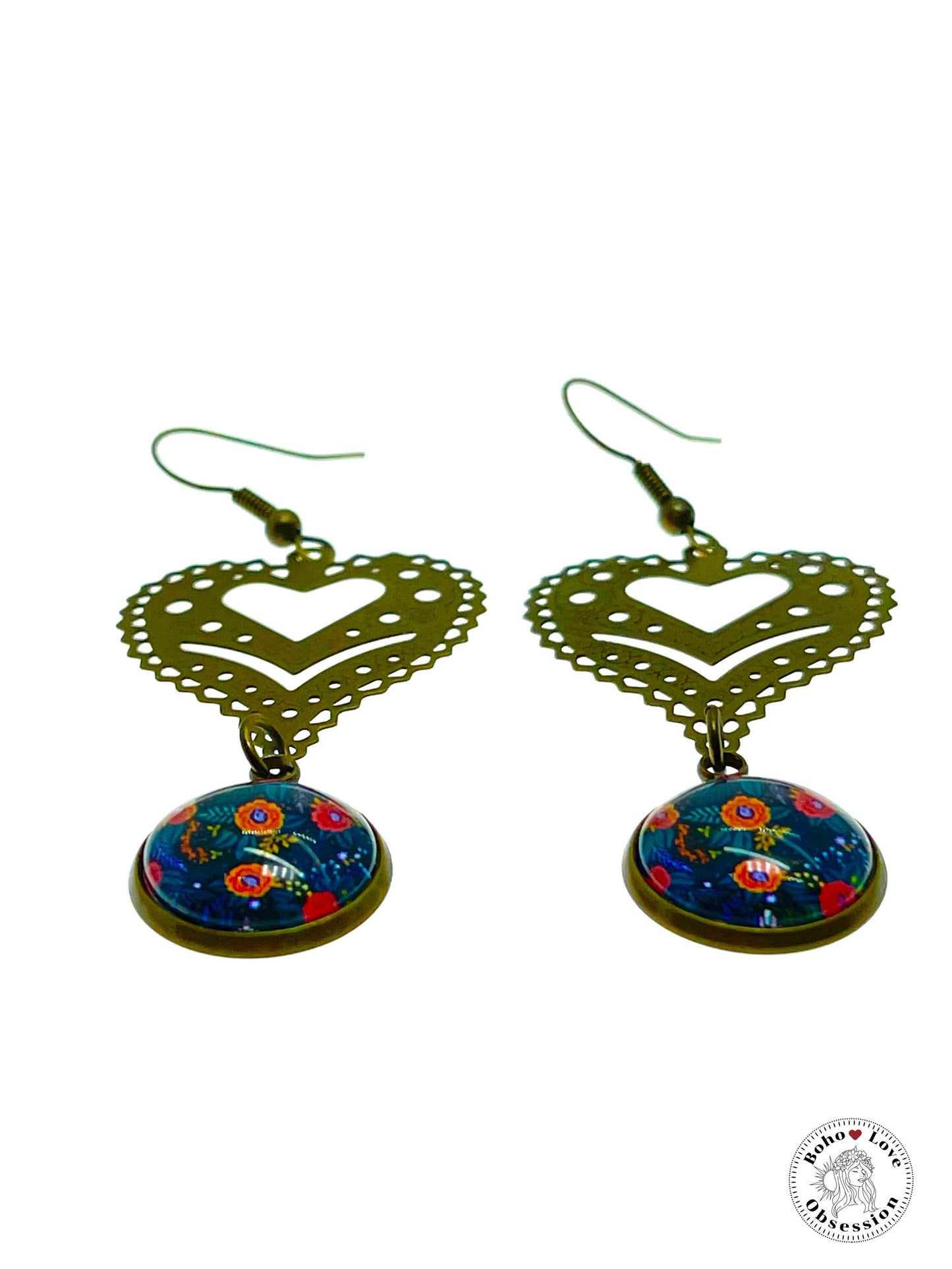 Orange Flame Vine Fancy Heart Dangles, Bronze Bohemian Earrings, Boho Chic, Unique Hippie Jewelry, Vintage Charm Earring, BohoLoveObsession