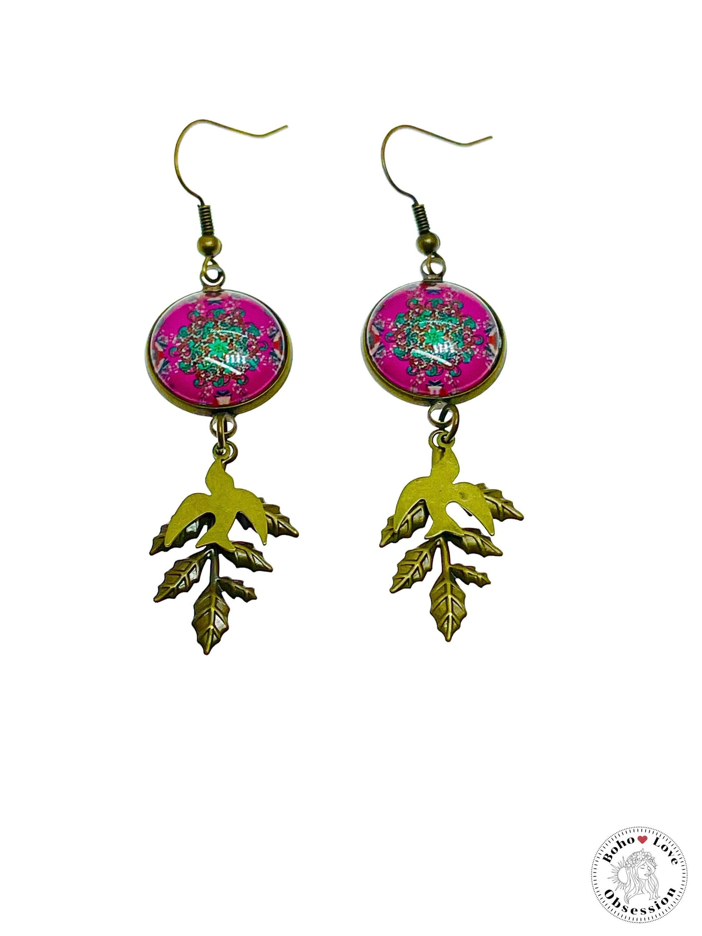 Pink Peace Dove Dangles, Boho Chic Earrings, Bronze Bohemian Ear Wires, Unique Hippie Jewelry, Vintage Charm Earring, BohoLoveObsession