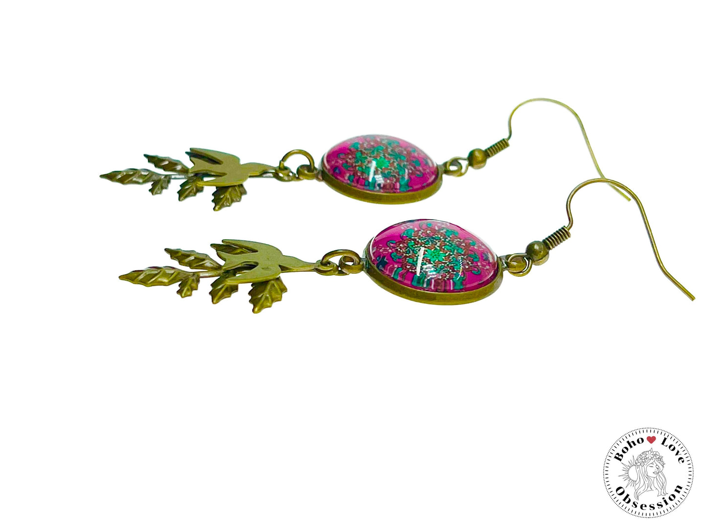 Pink Peace Dove Dangles, Boho Chic Earrings, Bronze Bohemian Ear Wires, Unique Hippie Jewelry, Vintage Charm Earring, BohoLoveObsession