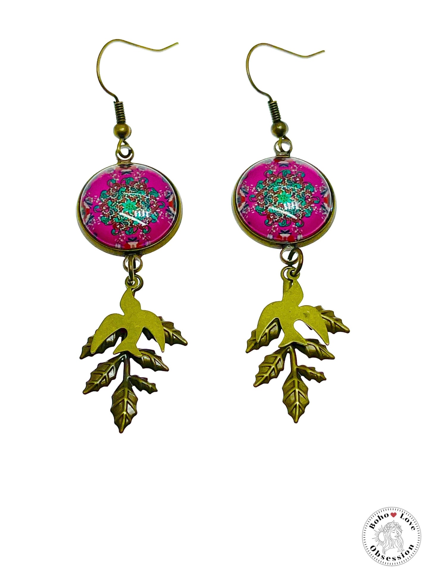 Pink Peace Dove Dangles, Boho Chic Earrings, Bronze Bohemian Ear Wires, Unique Hippie Jewelry, Vintage Charm Earring, BohoLoveObsession