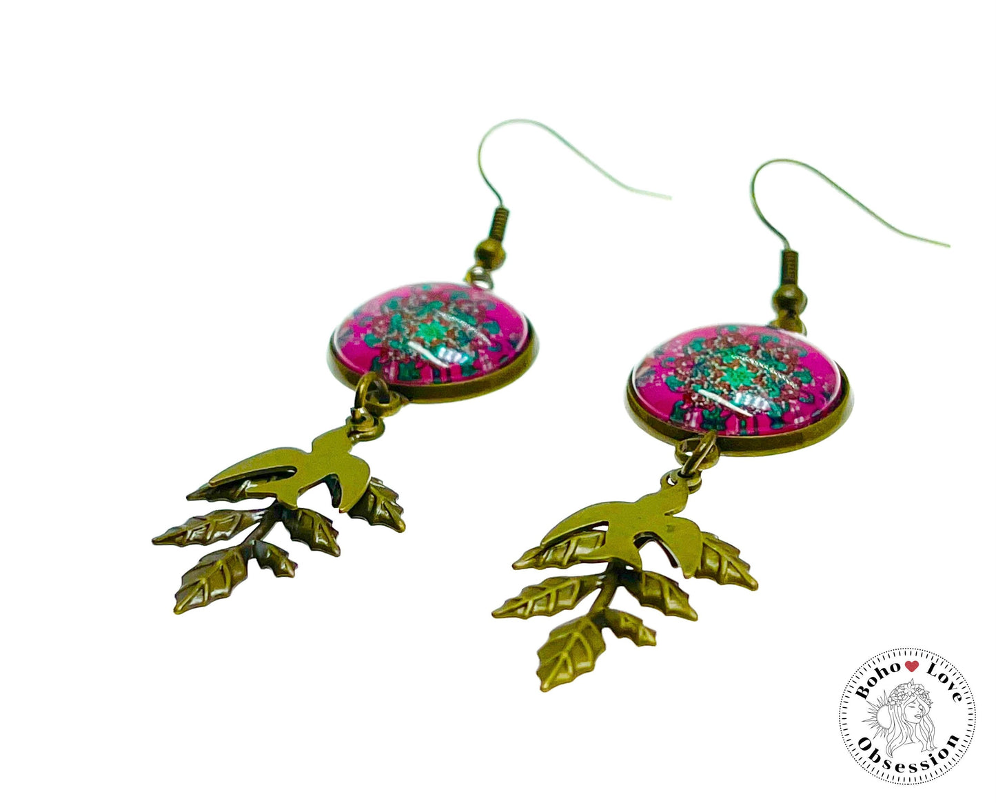 Pink Peace Dove Dangles, Boho Chic Earrings, Bronze Bohemian Ear Wires, Unique Hippie Jewelry, Vintage Charm Earring, BohoLoveObsession