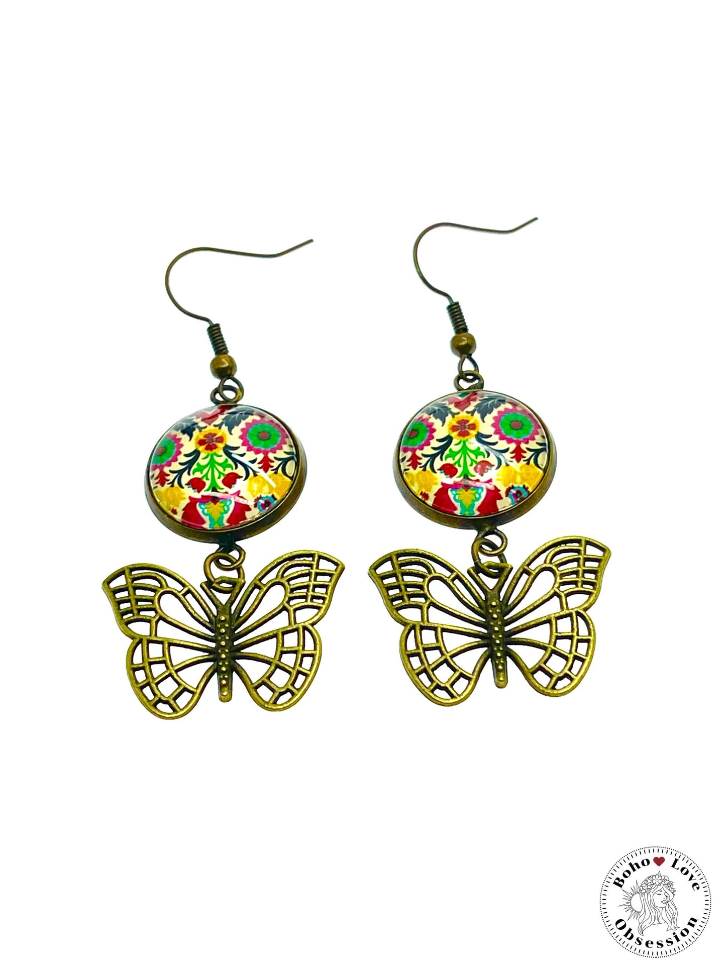 Folk Flower Butterfly Dangles, Unique Bronze Bohemian Jewelry, Vintage Charm Ear Wire, Boho Hippie Drop Dangle Accessory, BohoLoveObsession