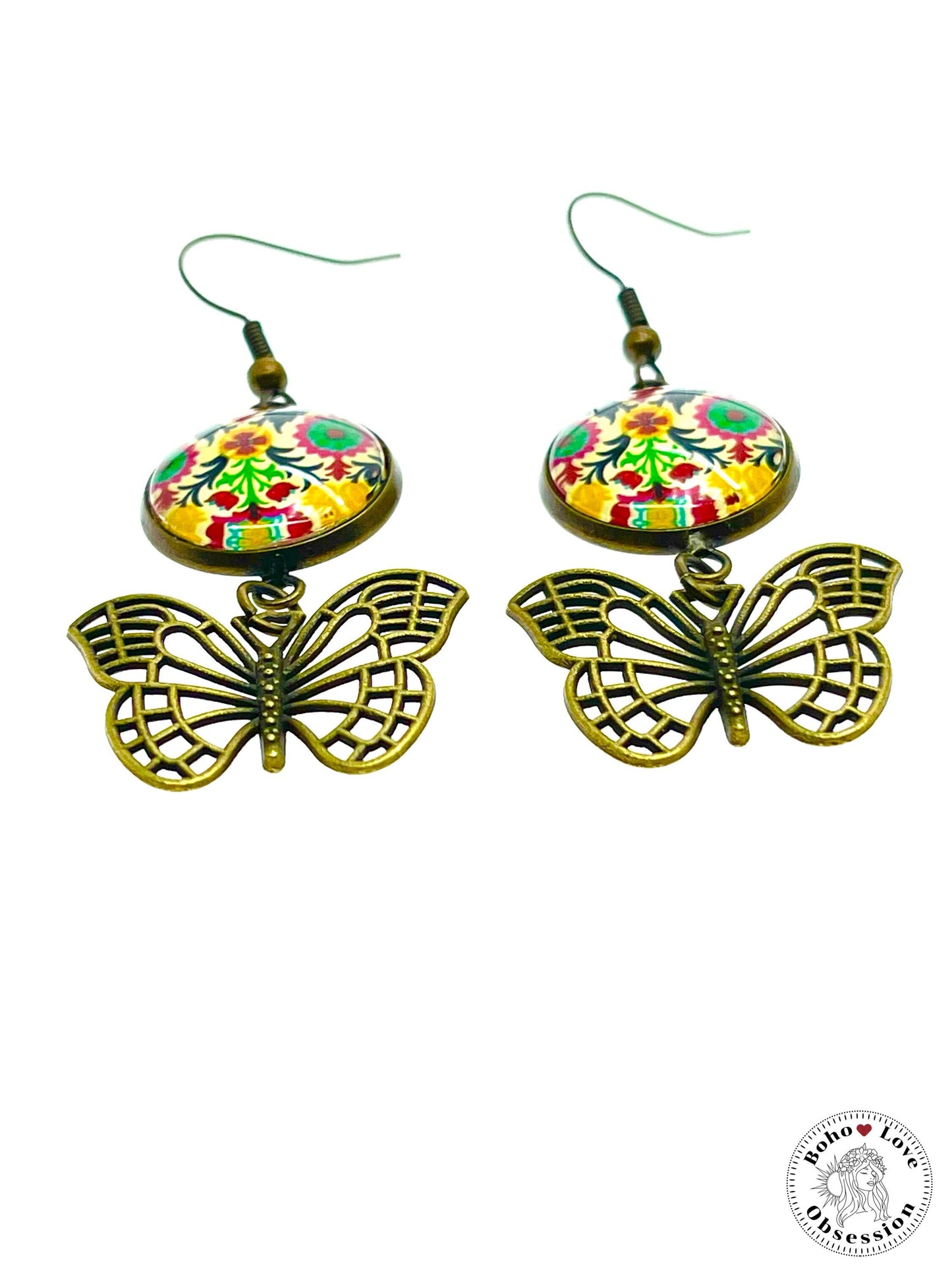 Folk Flower Butterfly Dangles, Unique Bronze Bohemian Jewelry, Vintage Charm Ear Wire, Boho Hippie Drop Dangle Accessory, BohoLoveObsession