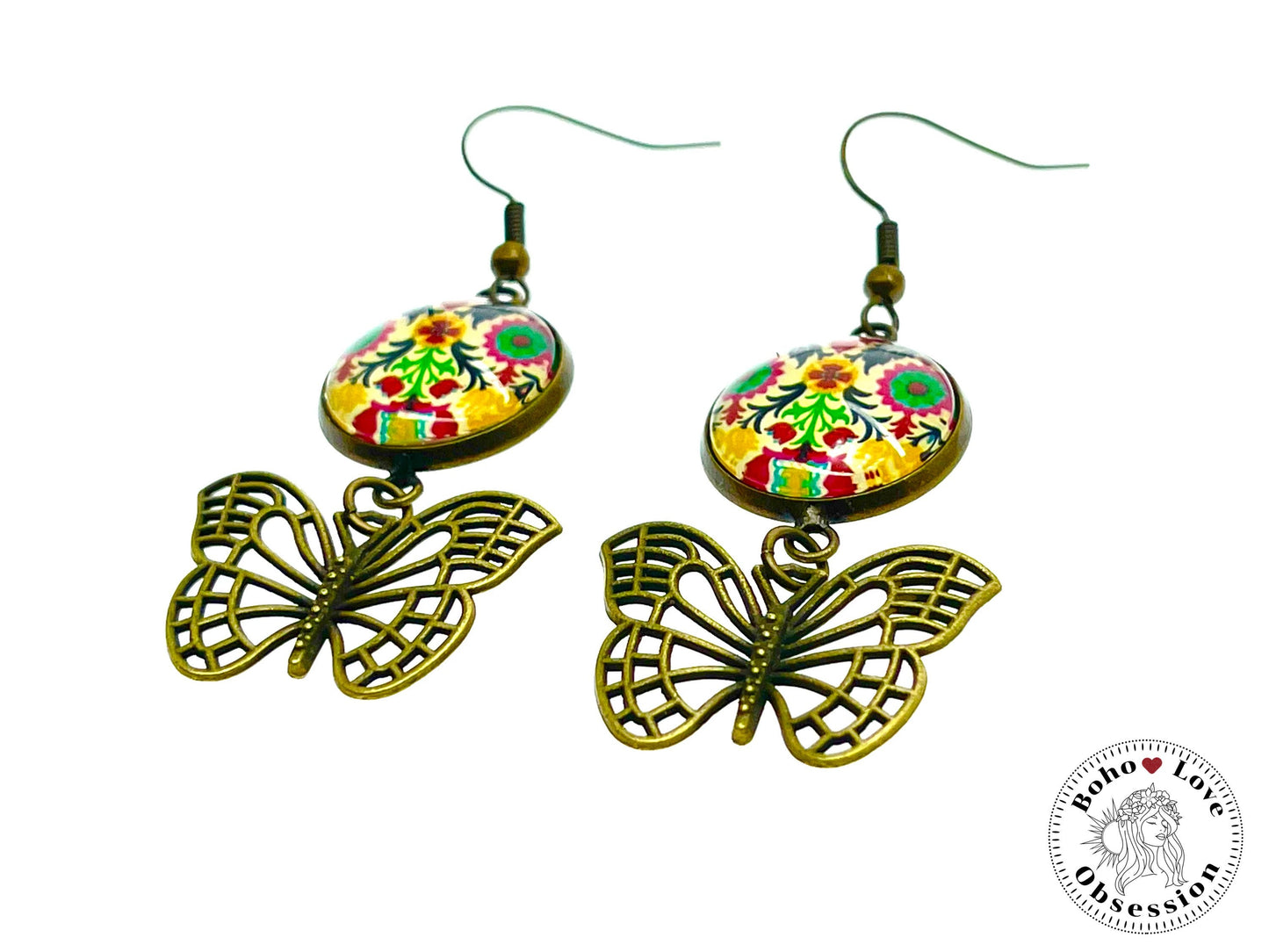Folk Flower Butterfly Dangles, Unique Bronze Bohemian Jewelry, Vintage Charm Ear Wire, Boho Hippie Drop Dangle Accessory, BohoLoveObsession