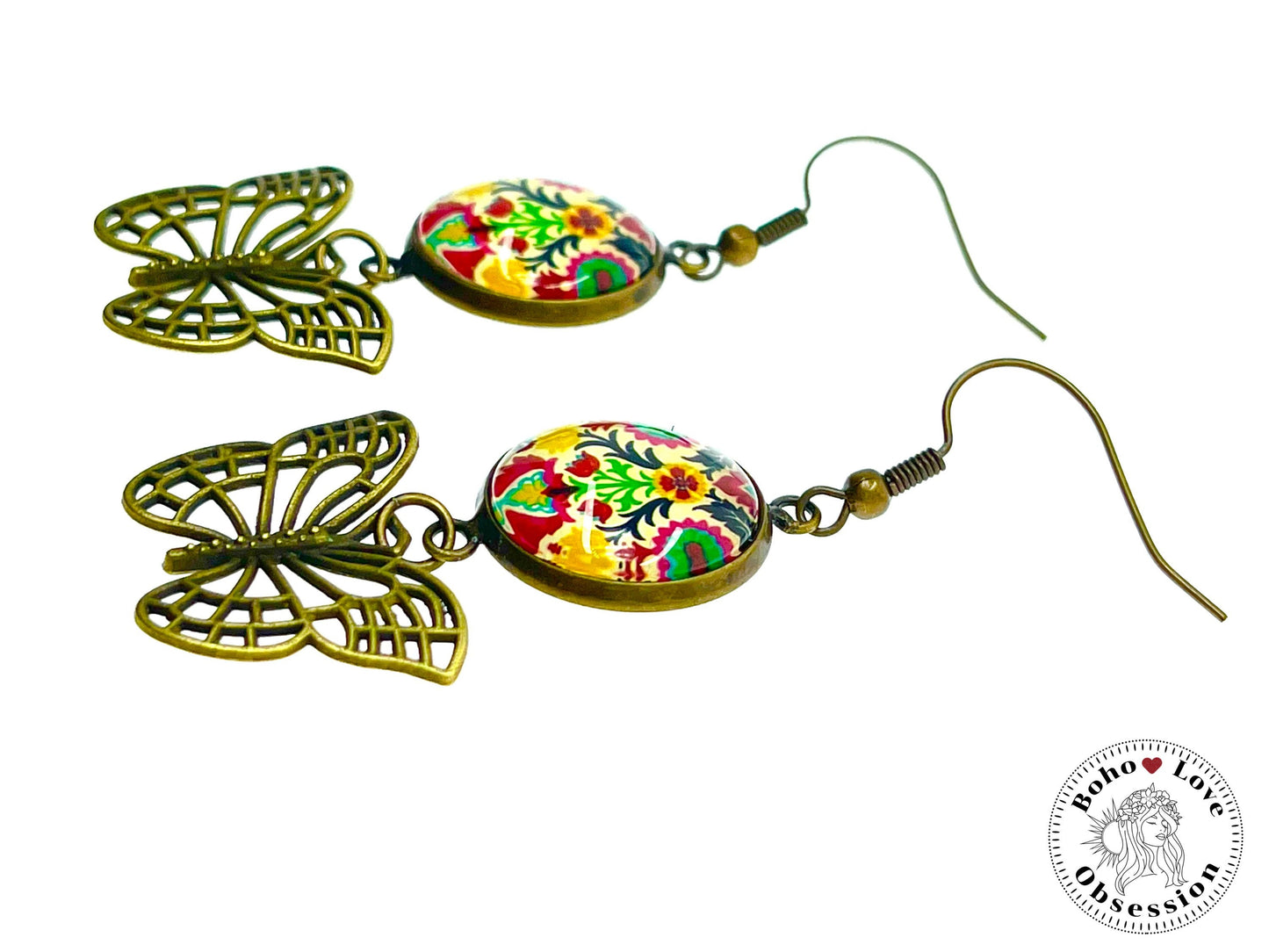 Folk Flower Butterfly Dangles, Unique Bronze Bohemian Jewelry, Vintage Charm Ear Wire, Boho Hippie Drop Dangle Accessory, BohoLoveObsession