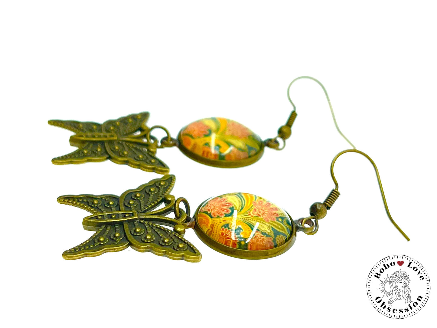 Pretty Paisley Butterfly Dangles, Unique Bohemian Jewelry, Vintage Charm Ear Wire, Boho Hippie Drop Dangle Accessory, BohoLoveObsession