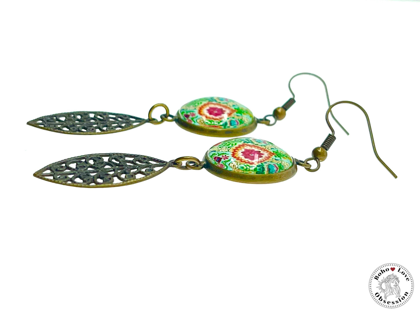 Pistachio Mandala Dangles, Unique Antique Bohemian Jewelry, Vintage Charm Ear Wire, Boho Hippie Drop Dangle Accessory, BohoLoveObsession
